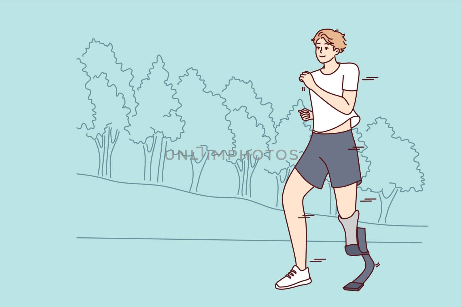 Smiling young man with prosthetic leg running in park. Happy disabled male with prosthesis jogging training outdoors. Disability and normal life. Vector illustration.