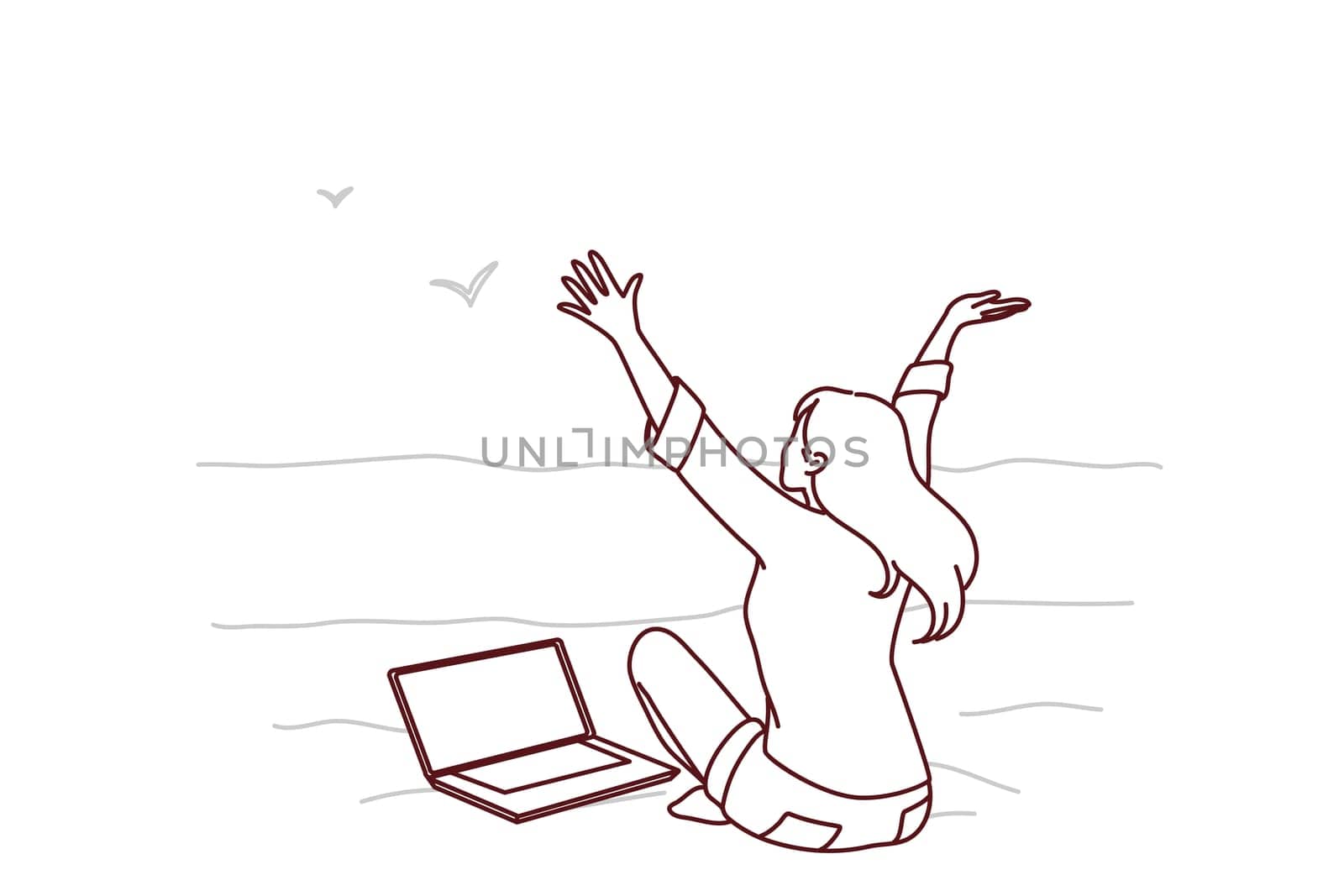 Happy woman sit on beach work on computer online. Overjoyed girl freelance from seashore enjoy distant job. Freelancer concept. Vector illustration.