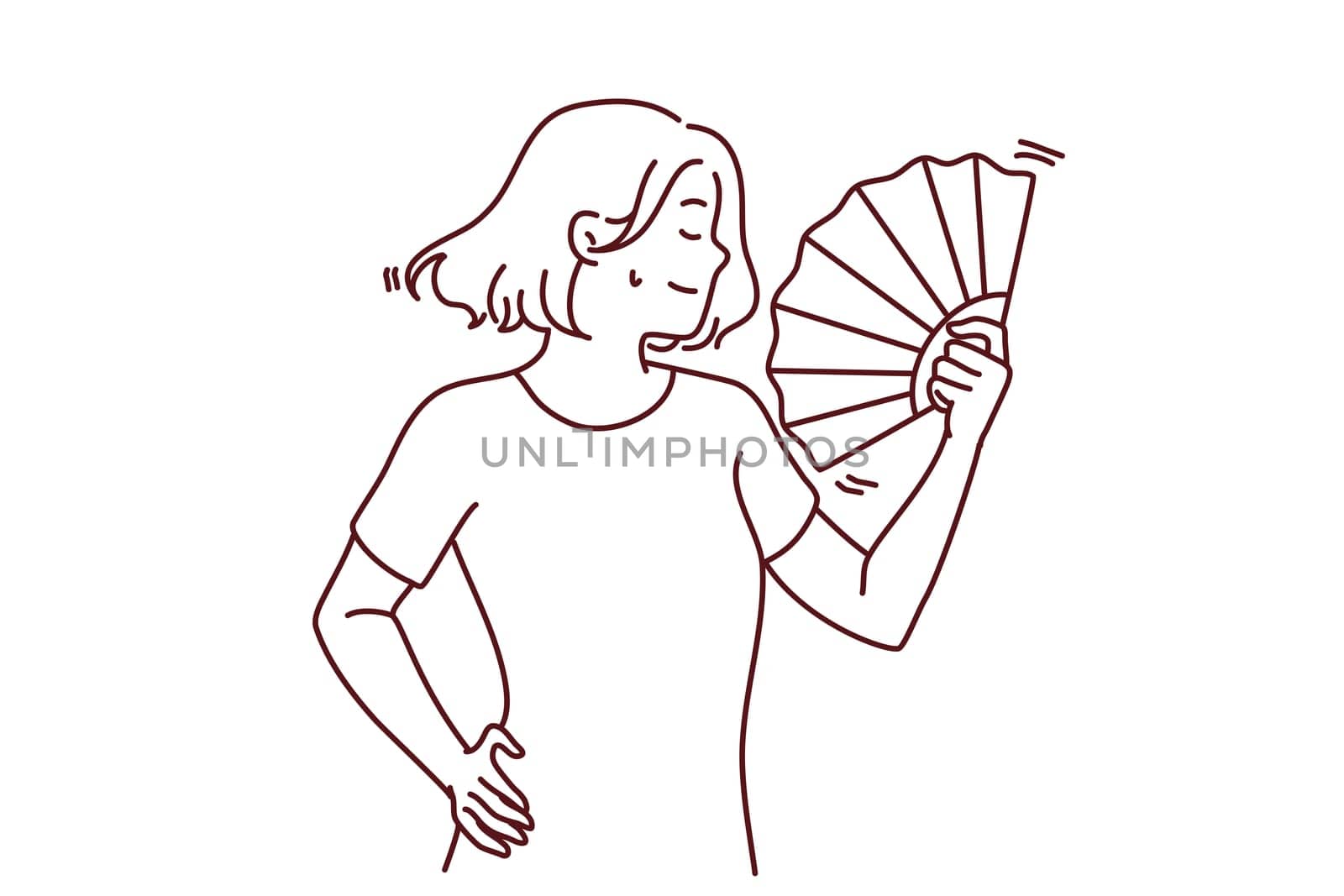 Young woman suffer from hot weather wave with hand fan. Unwell female struggle with heatstroke use waver for fresh air. Vector illustration.