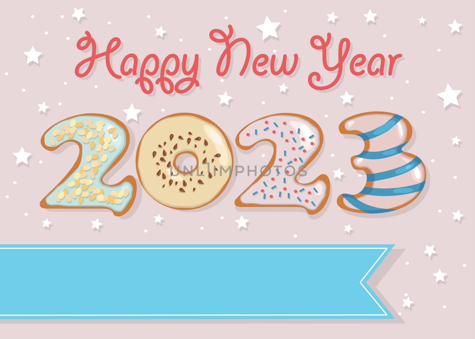 Happy New Year 2023. Number as sweet donuts with cream and nuts decor. Background with stars and confetti. Banner for custom text. Red cream text - Happy New Year.