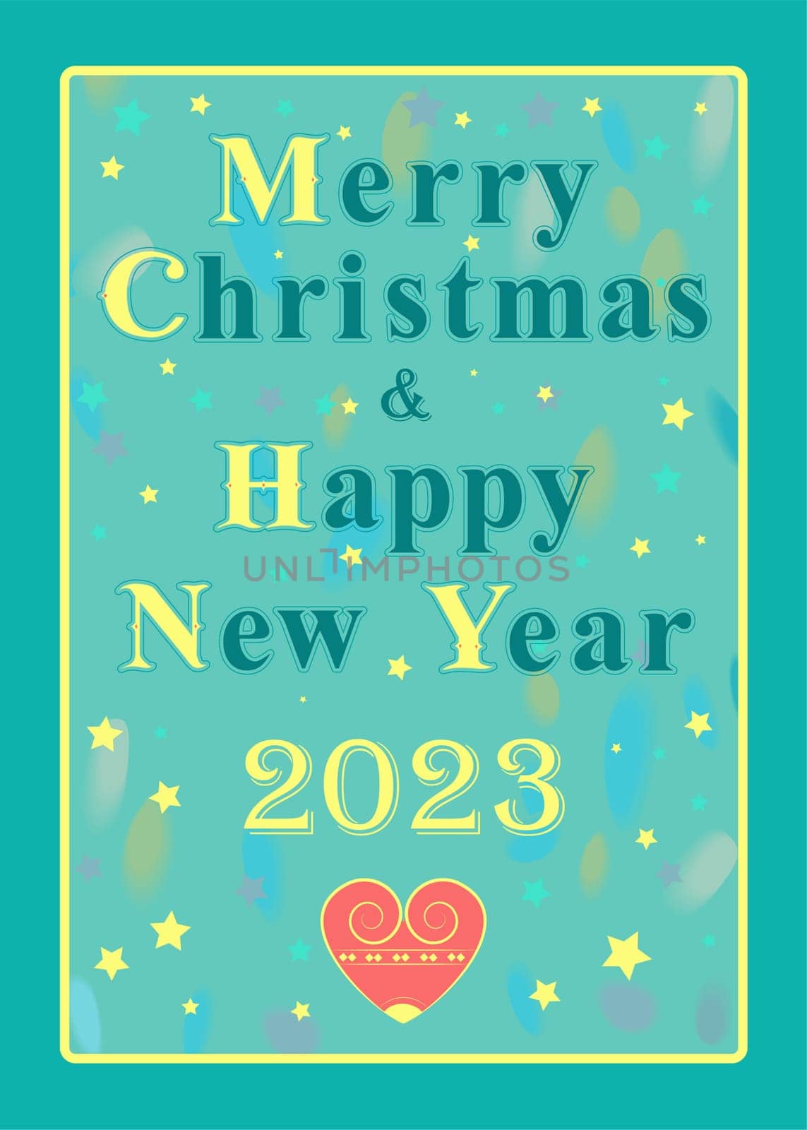 Merry Christmas and Happy New Year 2023. Green Text with Yellow Capital Letters and Retro Decor. Yellow Number and Red Heart. Green background with stars and watercolor blurs
