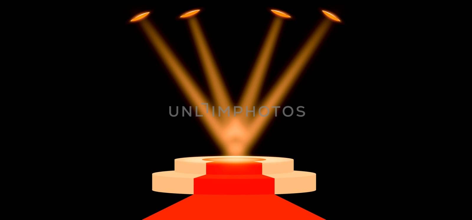 Stage podium and color lighting display platform, modern studio, wall scene fashion, stage podium scene with for Award Ceremony and colorful presentation simple art spotlight summer banner. 3D rendering.