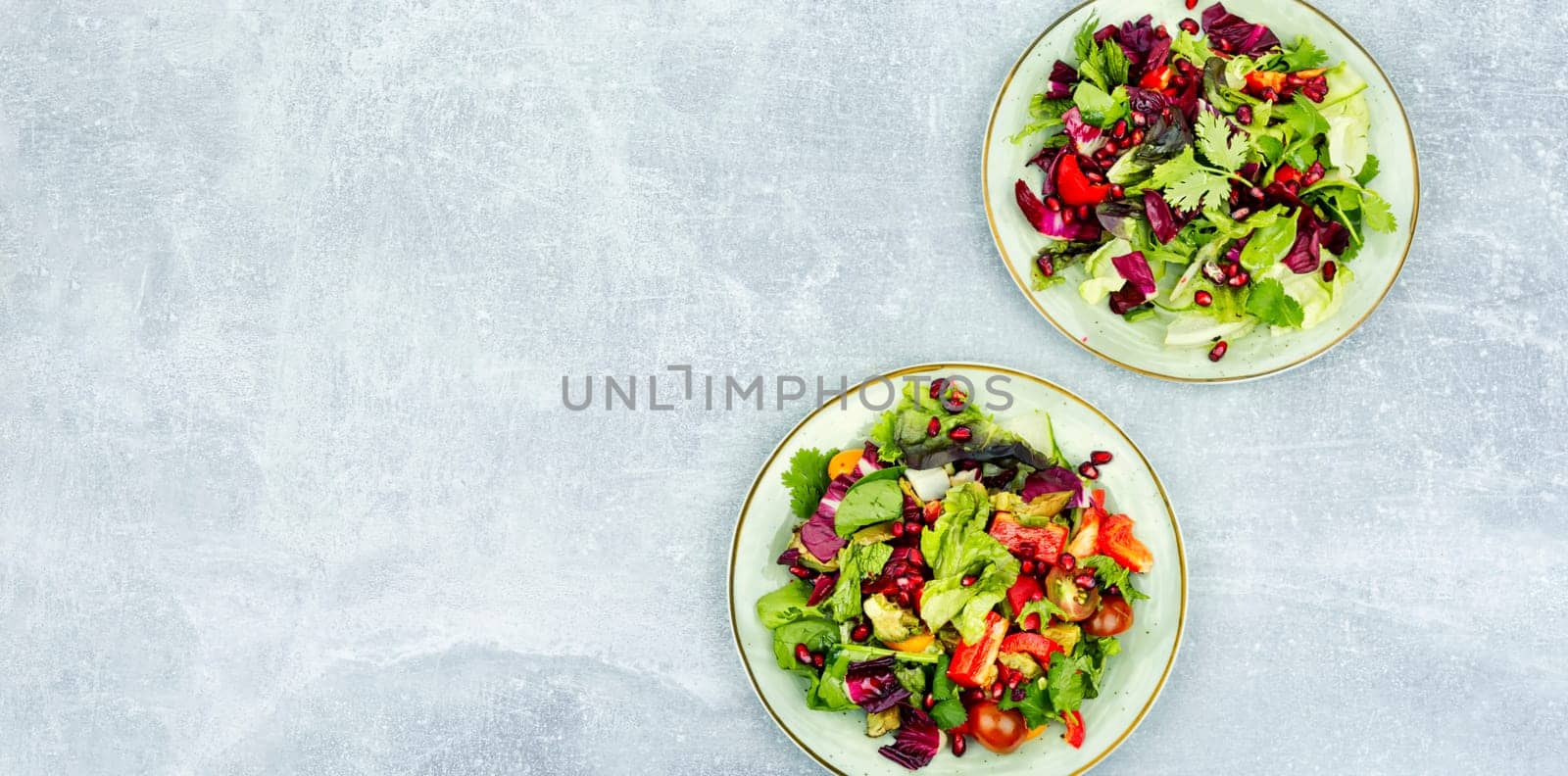 Vitamin salad with greens, pepper, radicchio and cucumber, decorated with pomegranate. Diet menu
