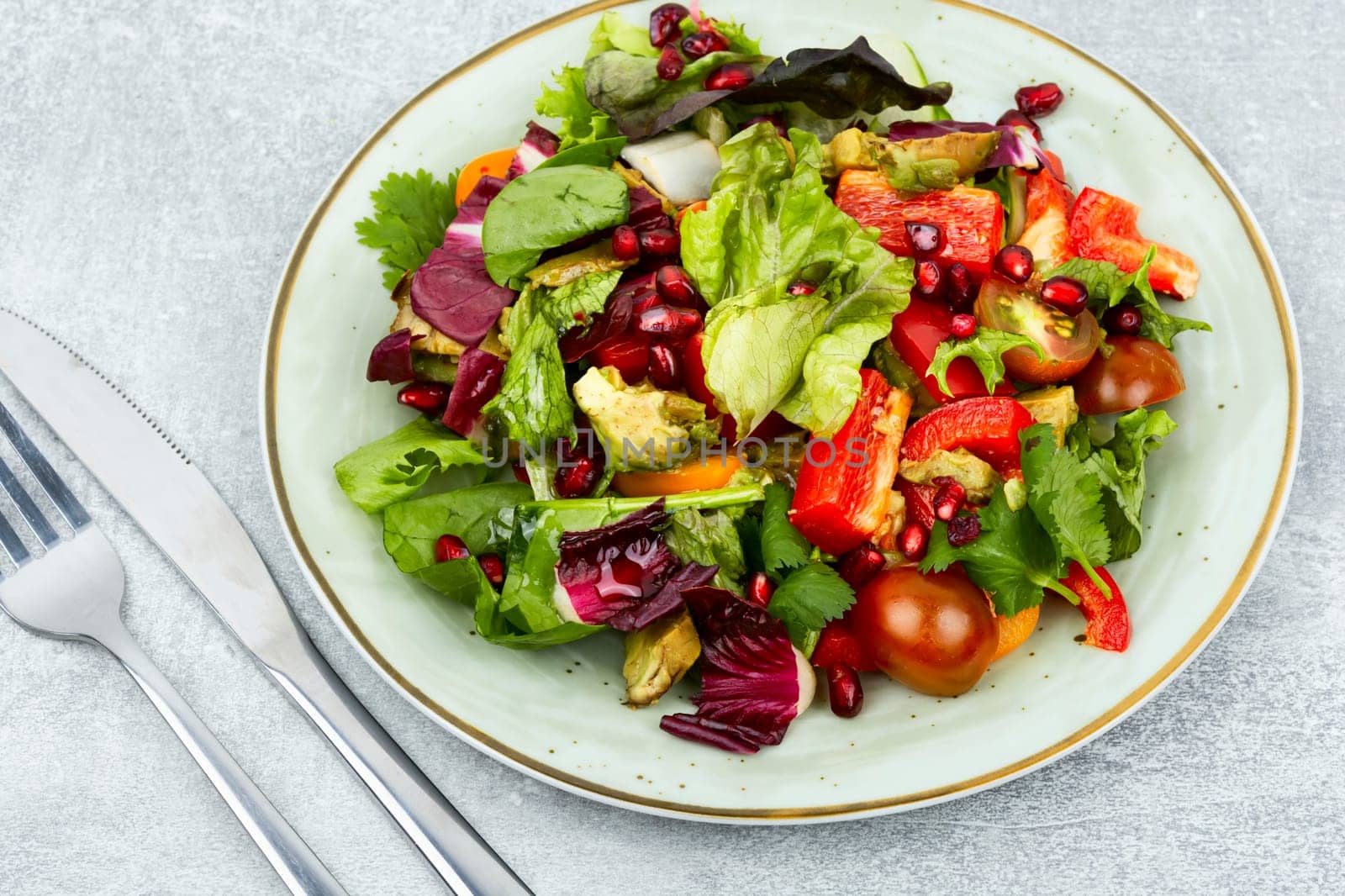 Vitamin salad with greens, pepper, radicchio and cucumber, decorated with pomegranate. Diet menu