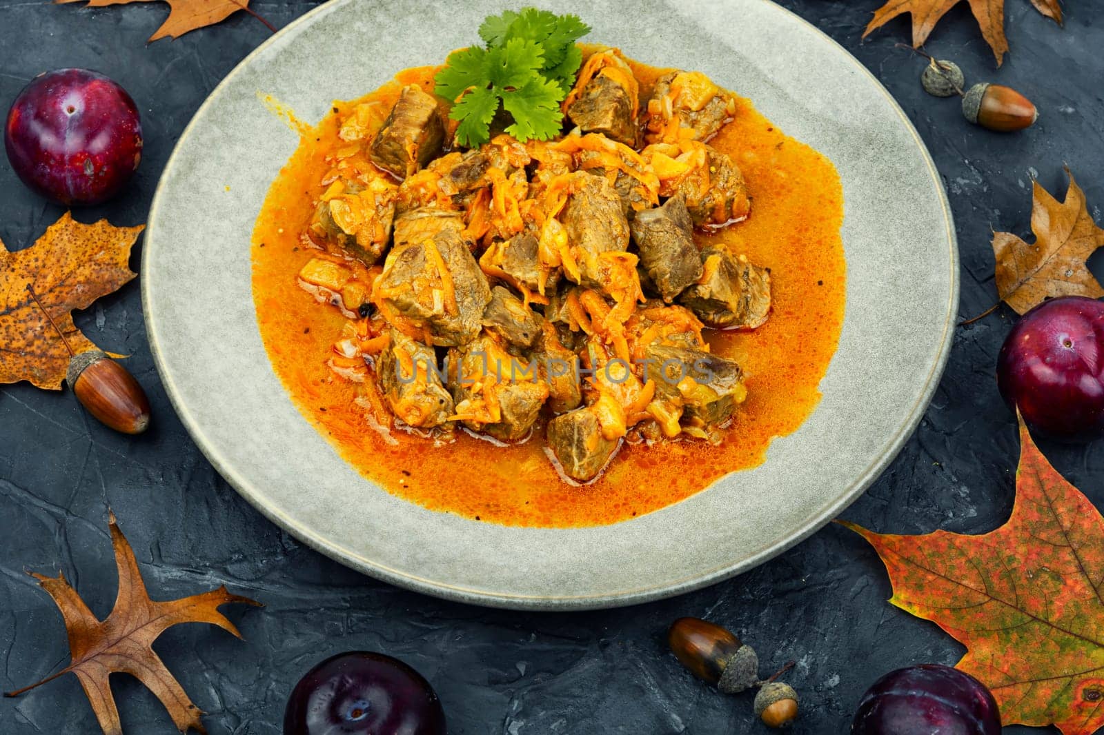Delicious Beef goulash with pasta. Meat dish. Homemade recipe.