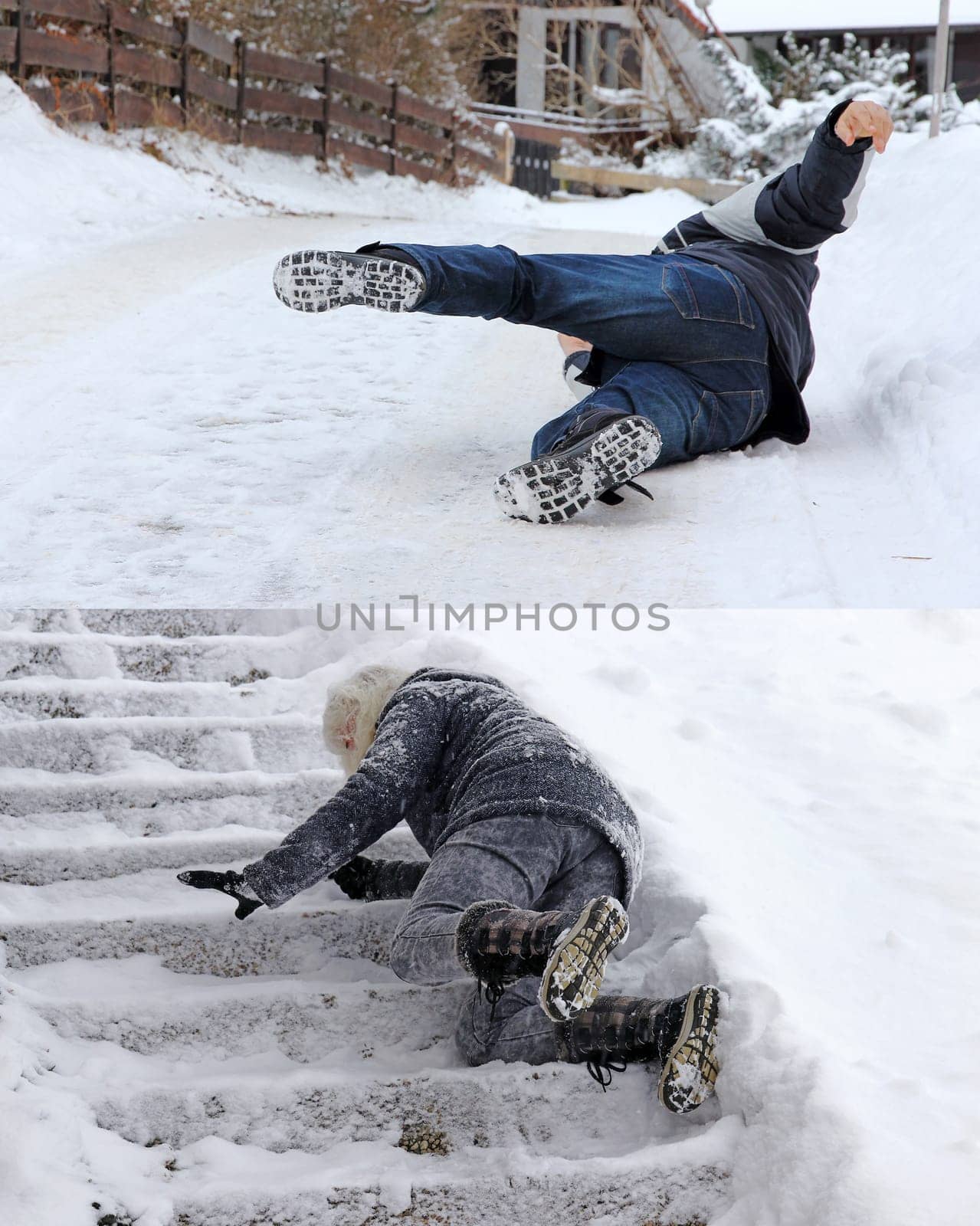 Accident hazards in winter on snow-covered roads and stairs