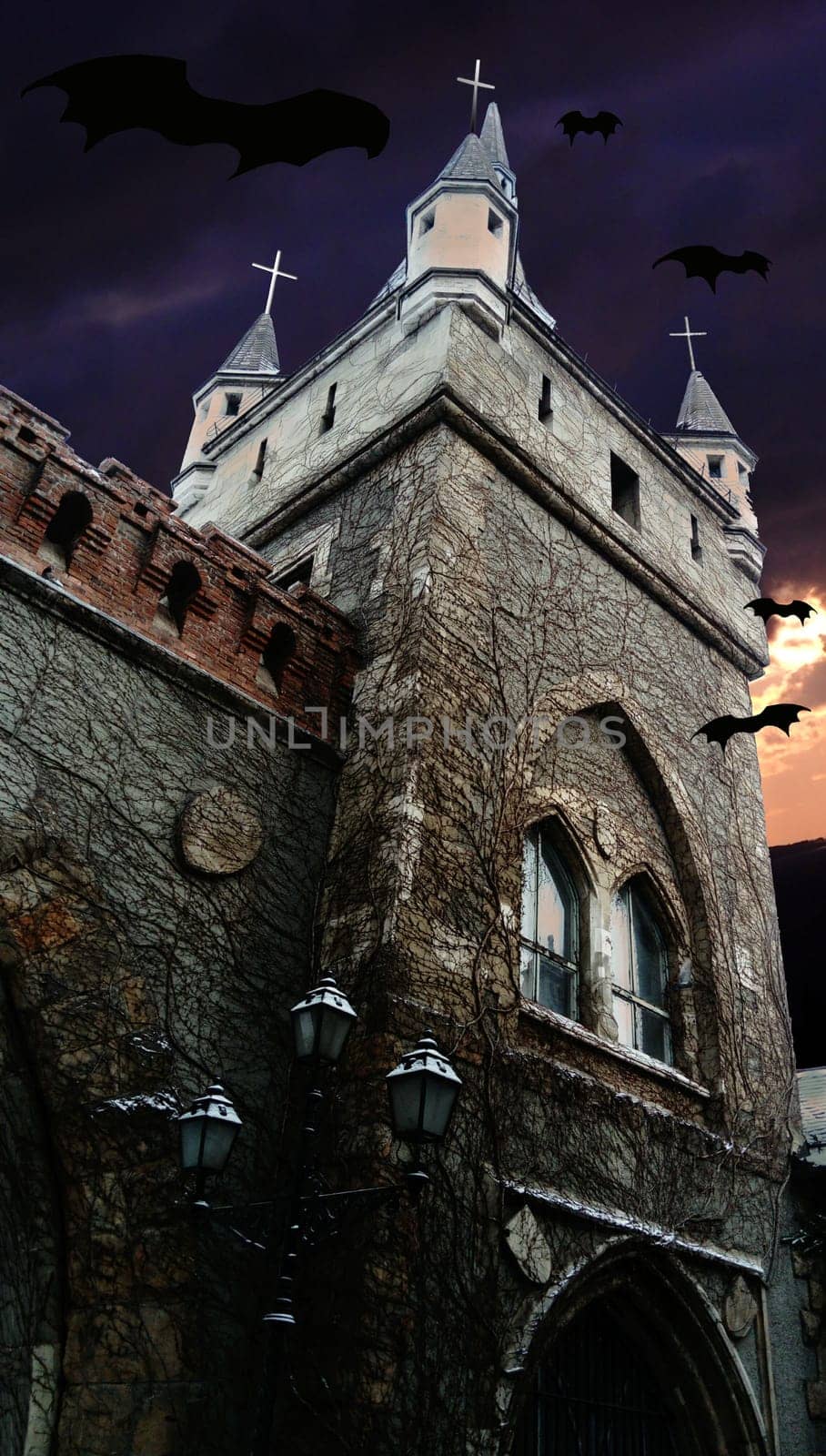 mysterious view of the dark Gothic town hall with silhouettes of flying bats. Old scary castle or palace at night or in the early morning hours. Horrible Halloween. Dramatic sky with clouds.