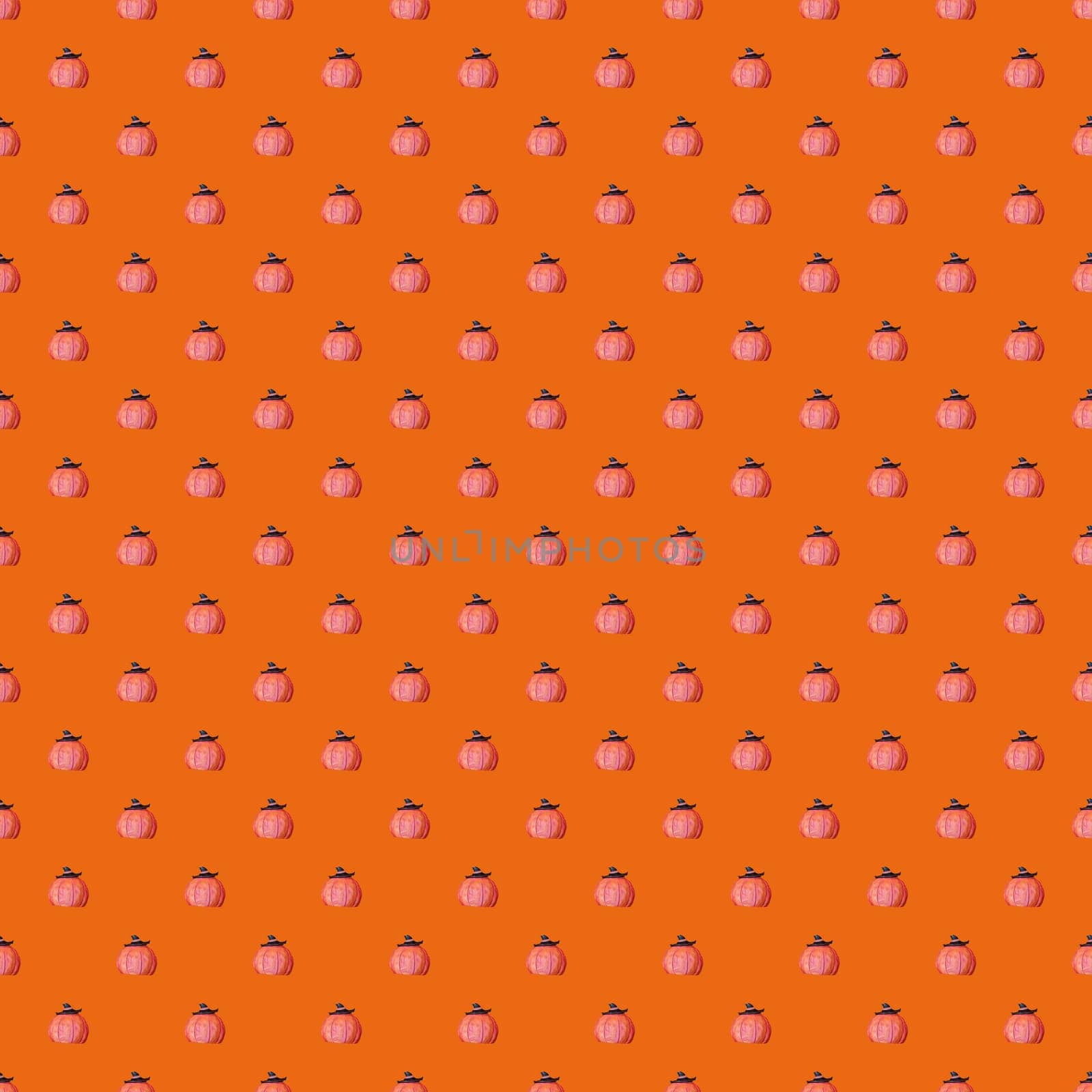 Background for halloween or for wrapping paper. Seamless pumpkin pattern on an orange background. An image of a pumpkin with a witch's hat. Grooves on the ceramic pumpkin.