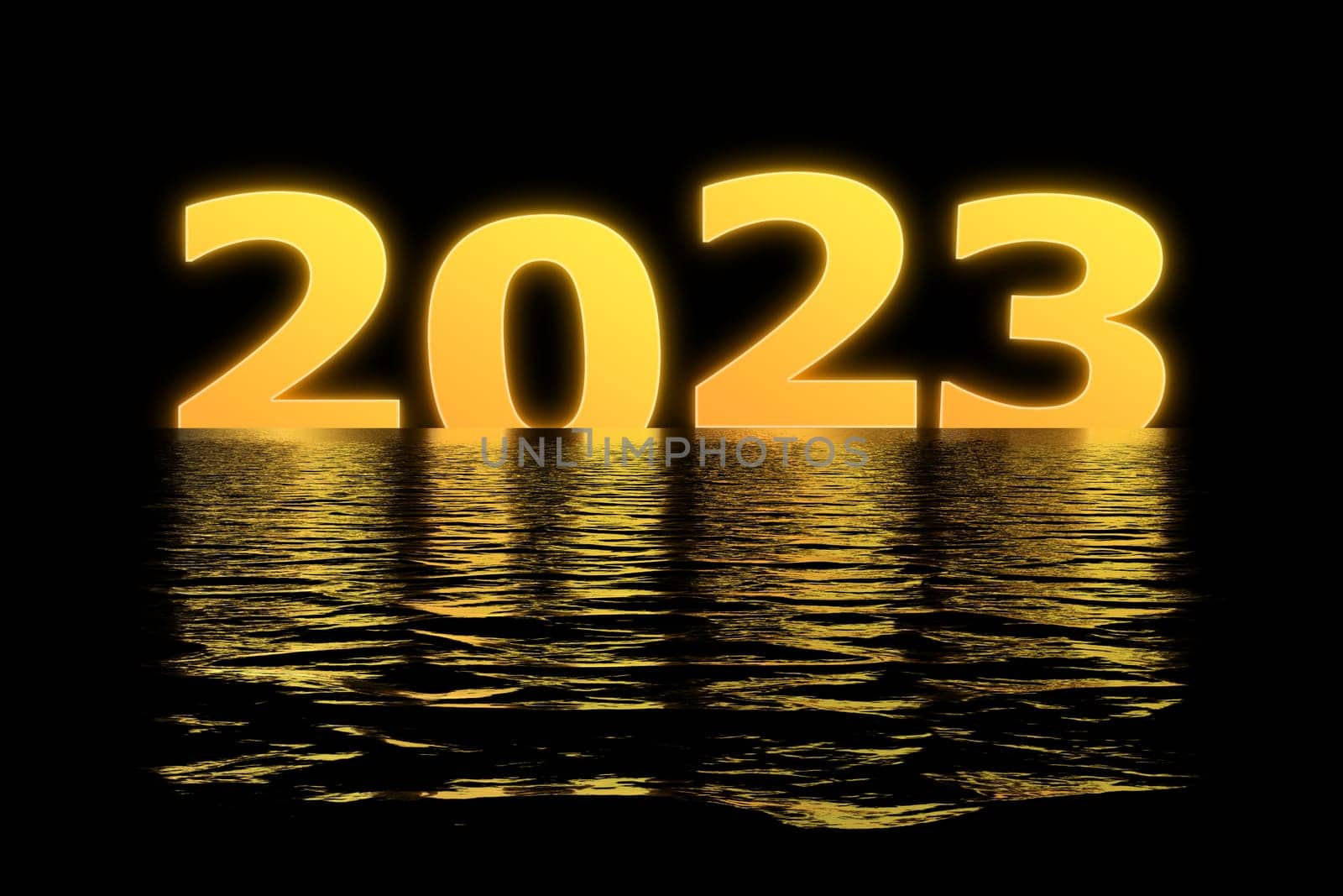 3D illustration concept New Year 2023 design with 2023 and shadows in the water.