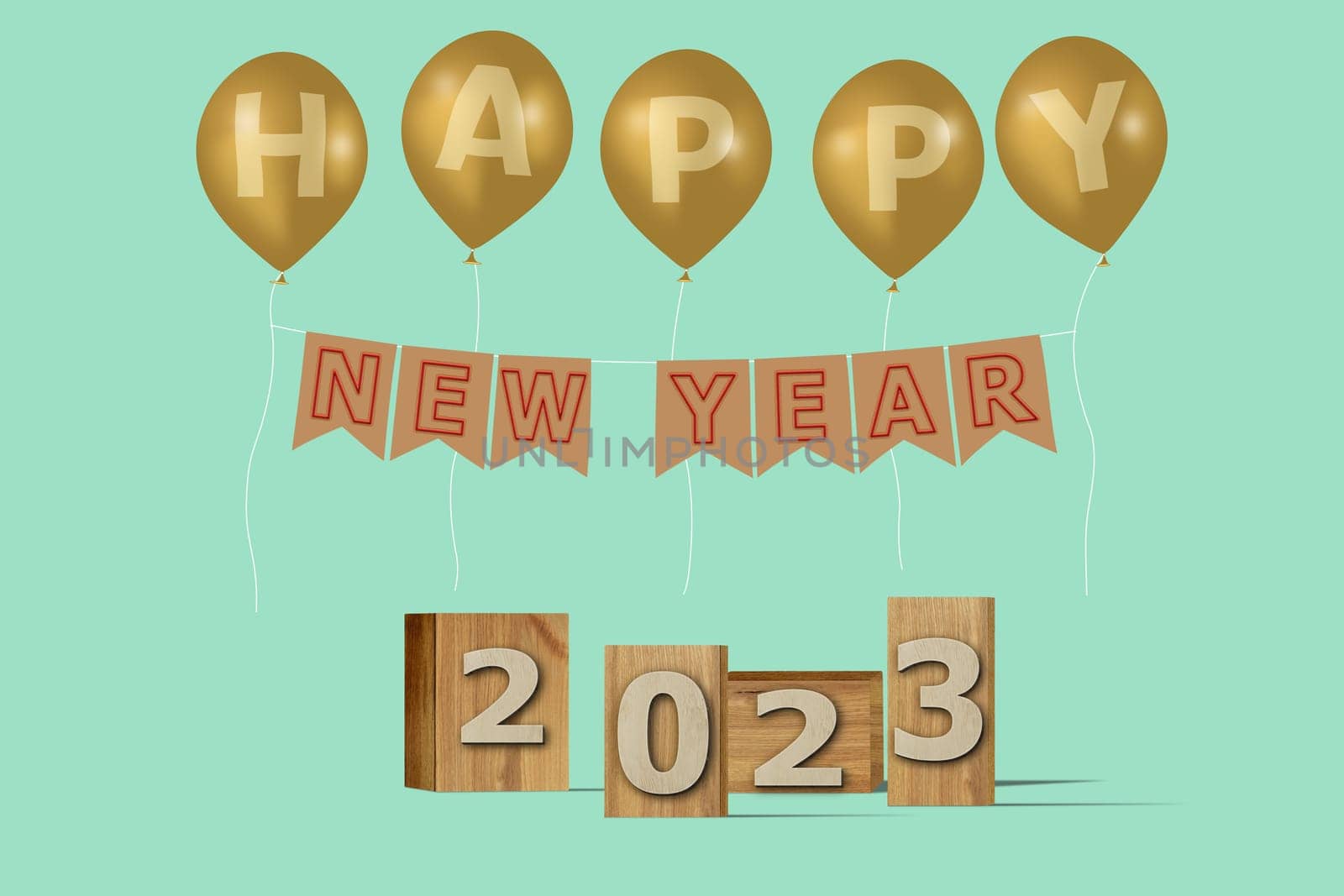 3D illustration New Year concept 2023 design with text on the wooden box and balloons on a beach glass color background.