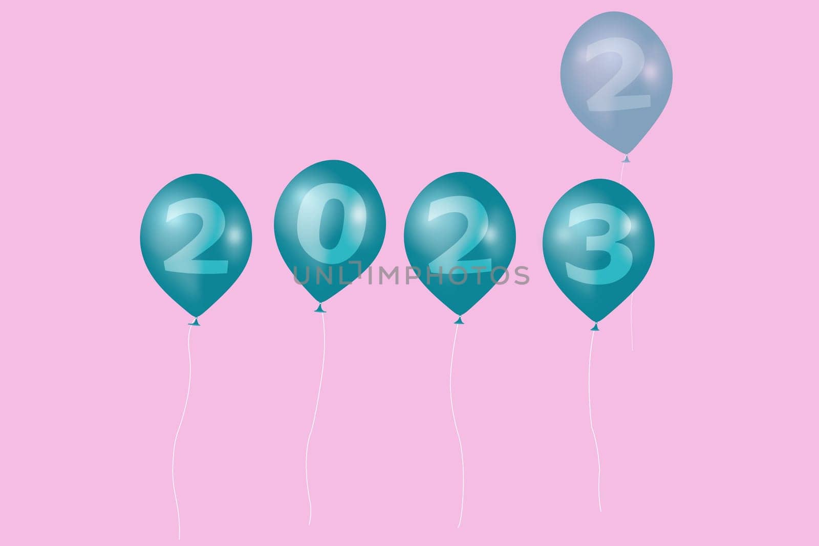 3D illustration concept New Year 2023 design with number on the balloons, the old year has passed.