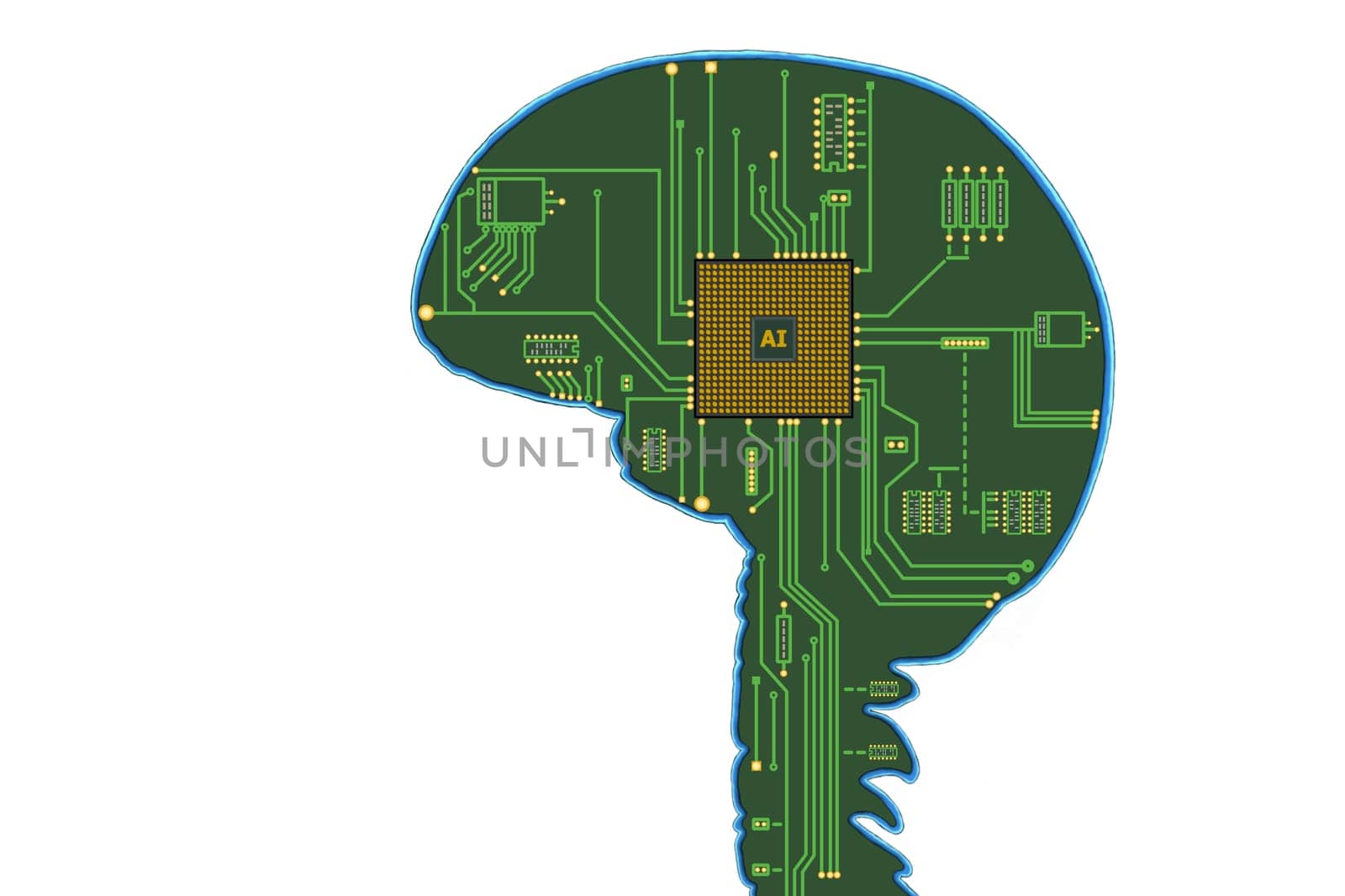 Concept 3d illustration of electronic chip in form of human brain in electronic cyberspace. Artificial intelligence in brain.