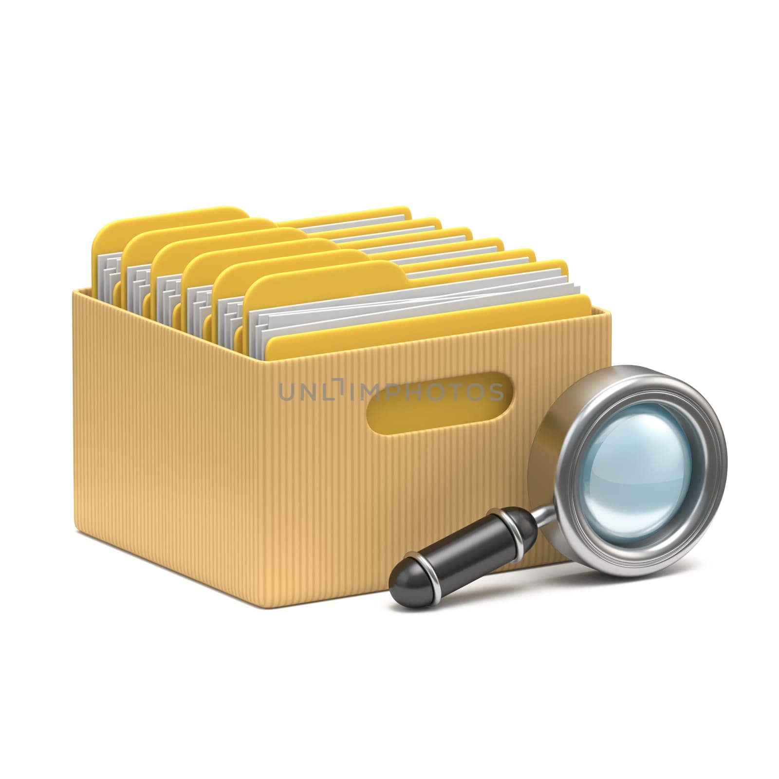 Cardboard box with yellow folders and search glass 3D rendering illustration isolated on white background