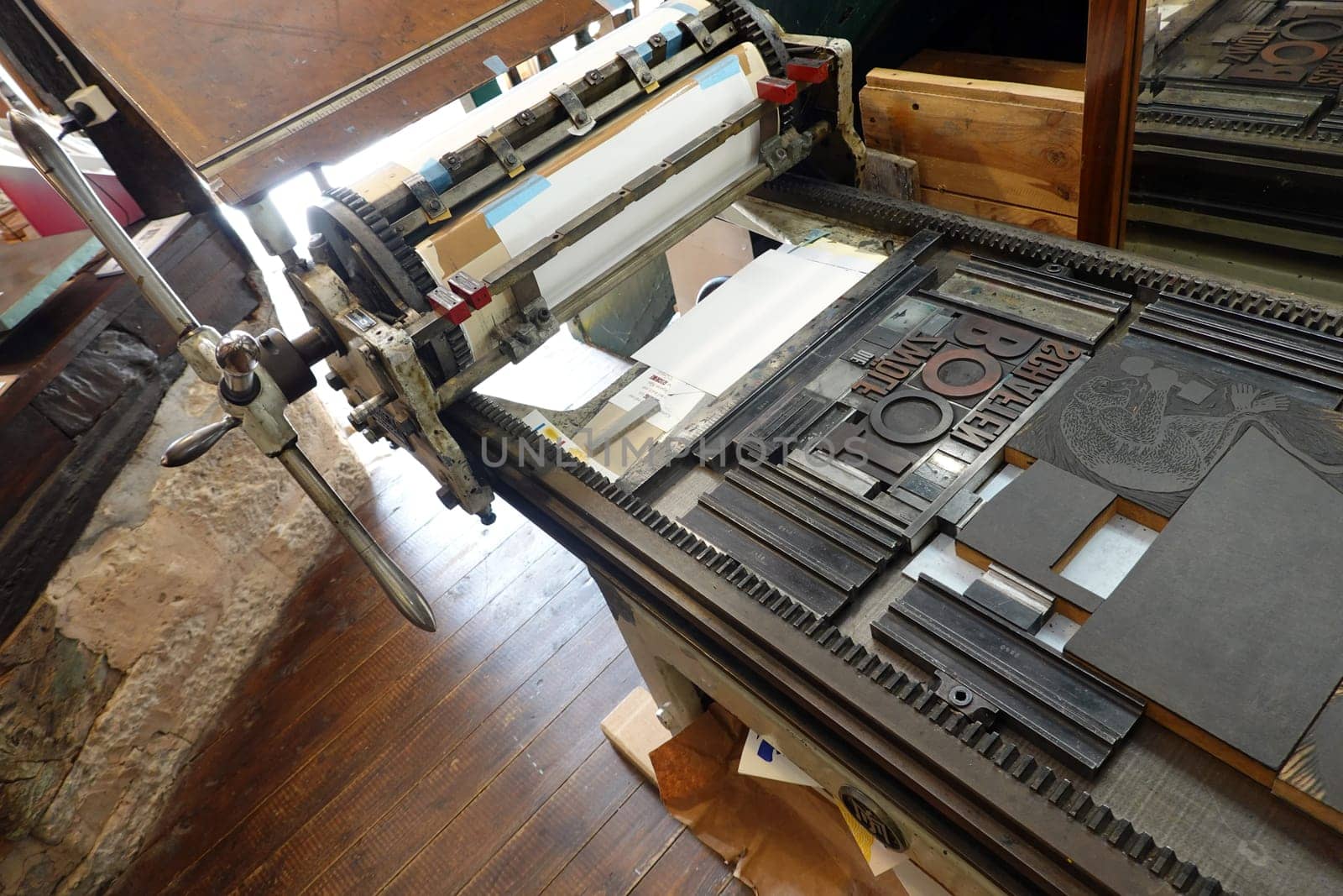 historische, mechanische Druckpresse, Hessen, Deutschland, Hannoversch Münden
