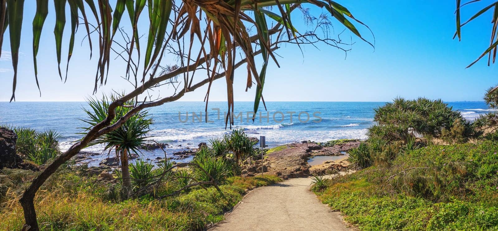 Coastal scenic view from the pathway leading down to the beach at Point Arkwright, Coolum, Sunshine Coast, Queensland, a very popular tourist or holiday destination.