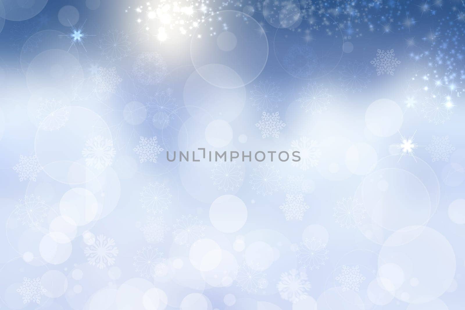 Abstract blurred festive light blue winter christmas or Happy New Year background texture with shiny blue and white bokeh lighted glittering snowflakes and stars. Space for your design. Card concept.