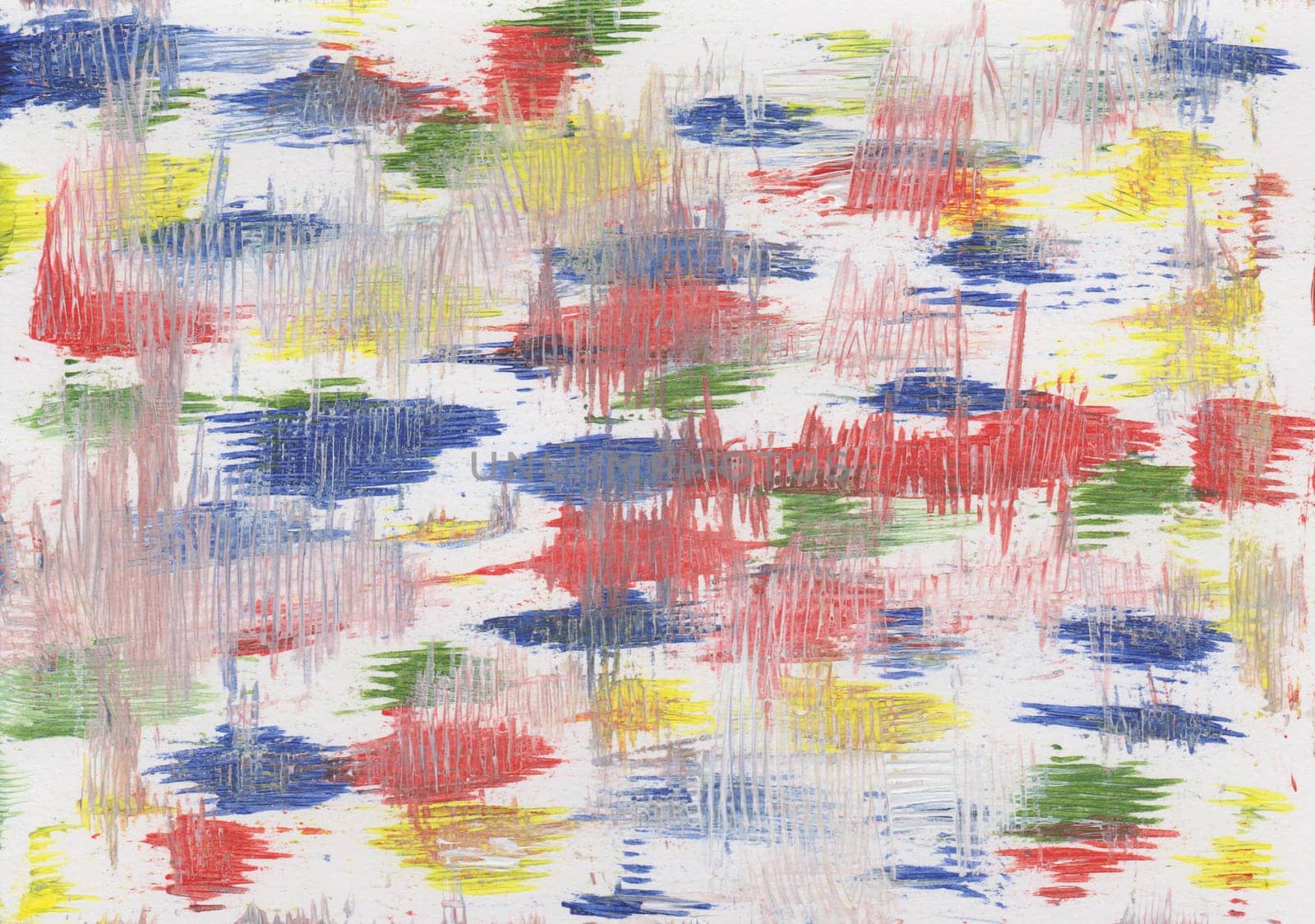 Painted and scratched acrylic painting from the colors blue, yellow, green and white