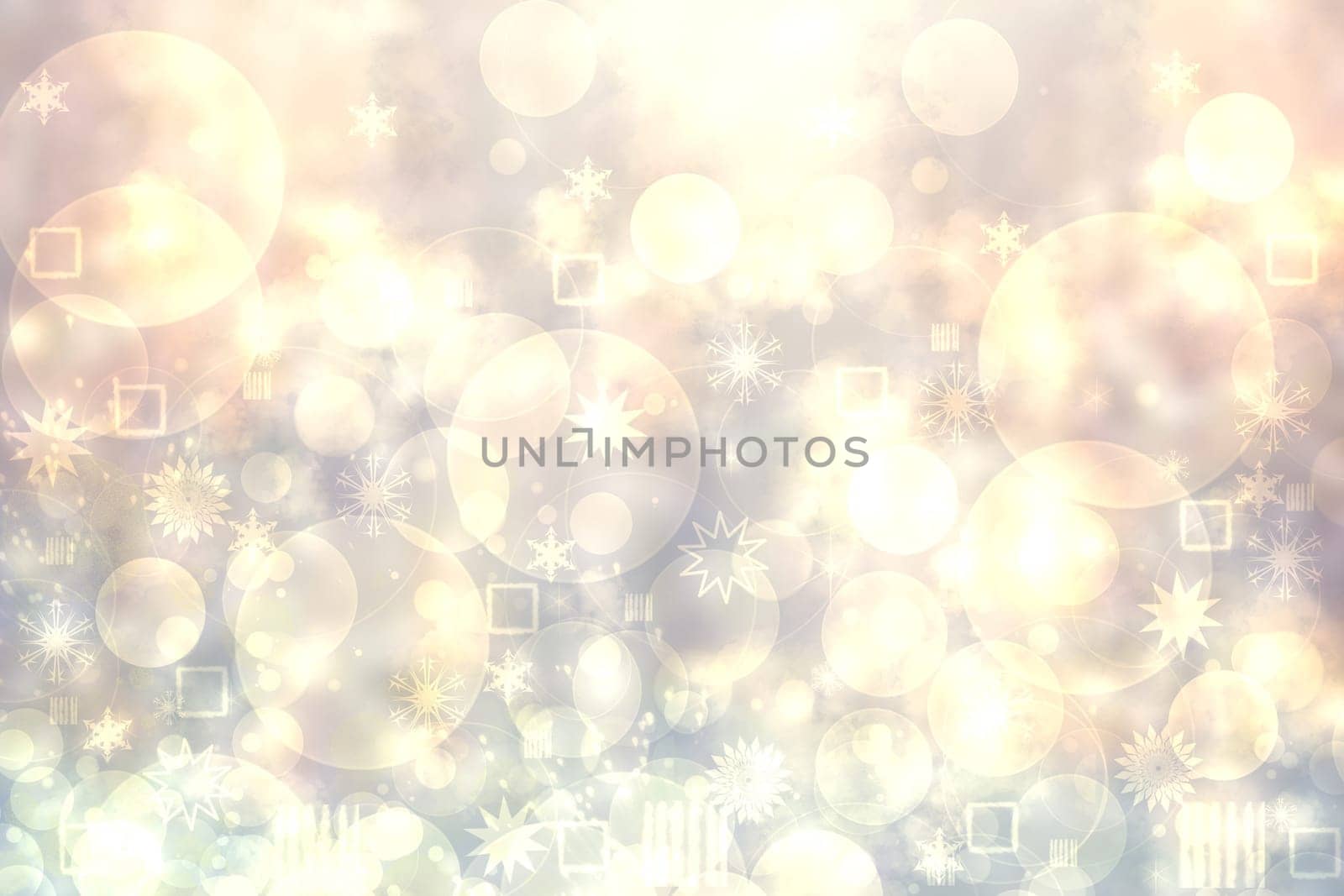 A festive abstract delicate Happy New Year or Christmas background texture with colorful gold yellow pink blurred bokeh lights and stars. Space for design. Card concept or advertising.