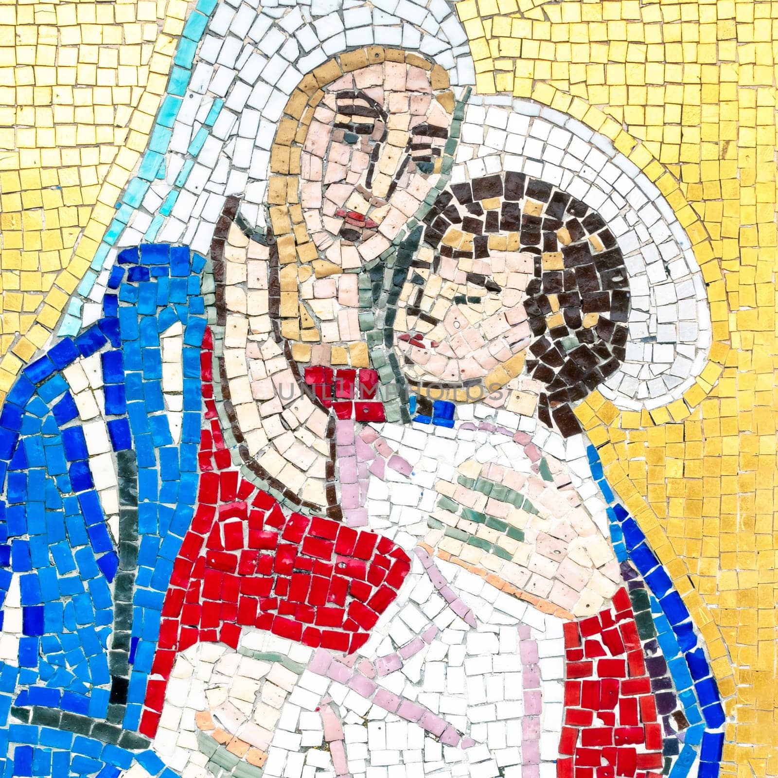 Colorful mosaic of Mary and Jesus. Mosaic representing Mary with the baby Jesus.