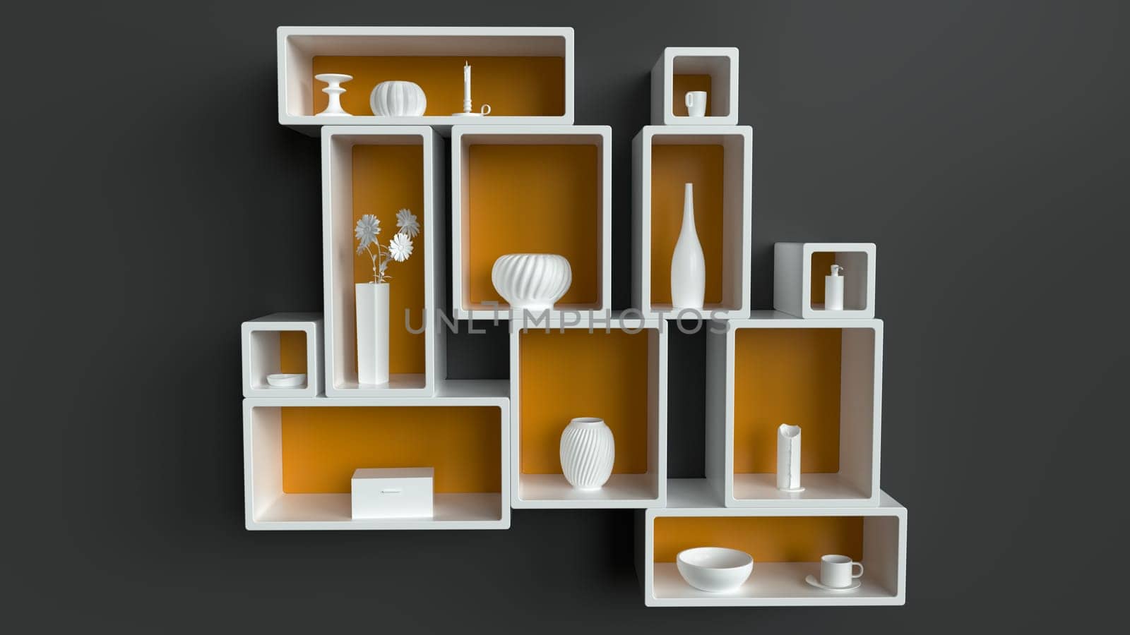 white wall shelf with white vases and white objects on dark wall -- 3D Rendering