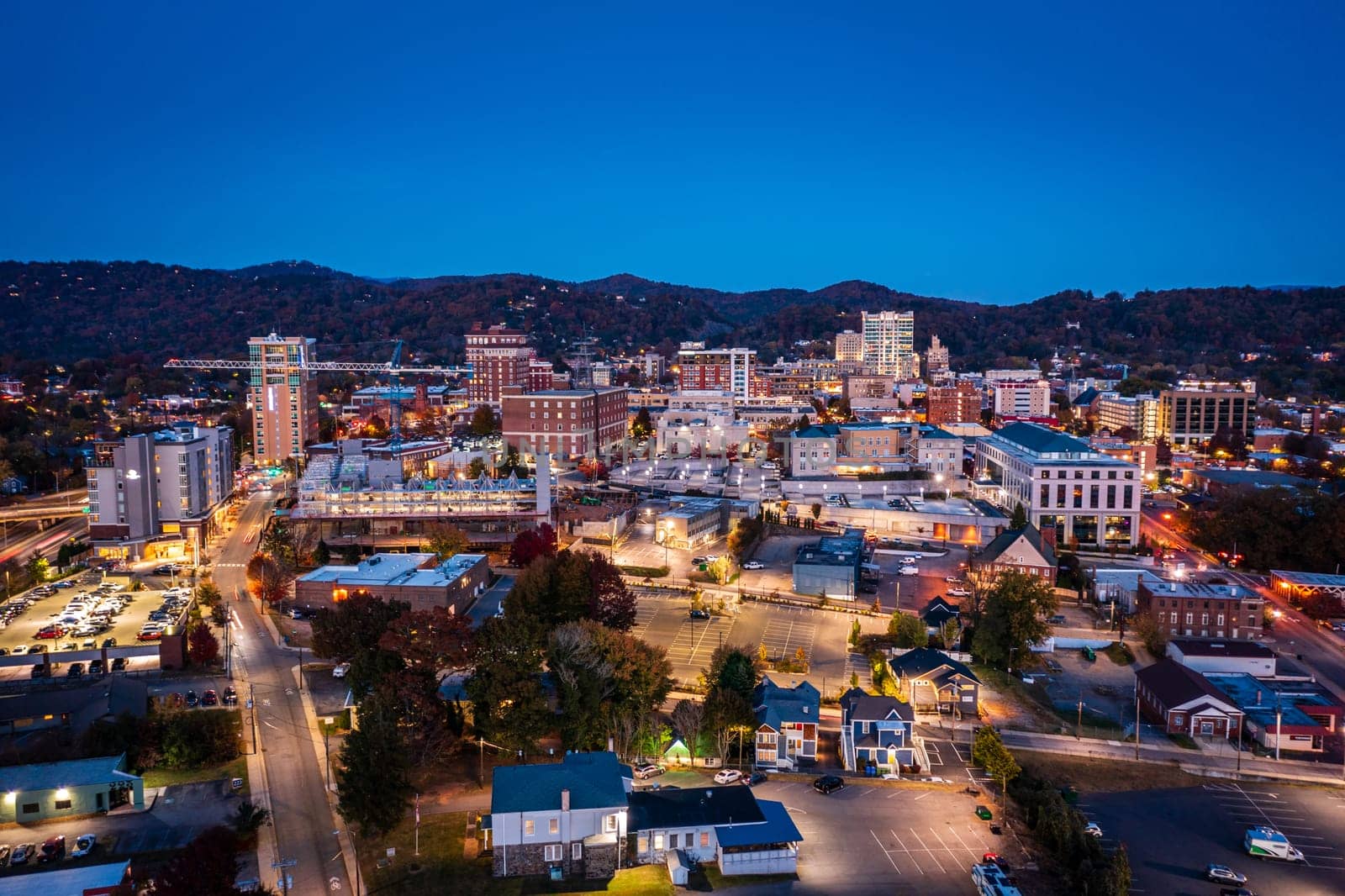 Aerial view of downtown Asheville, North Carolina at night
