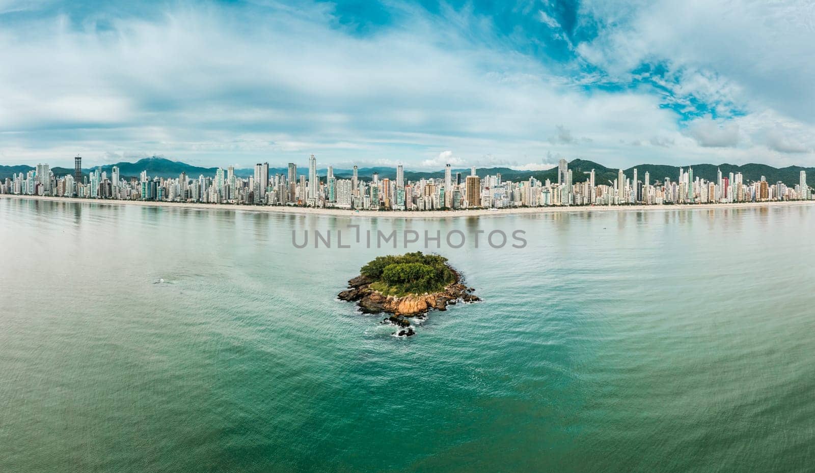 Aerial panoramic view of Balneario Camboriu skyline. Santa Catarina, Brazil