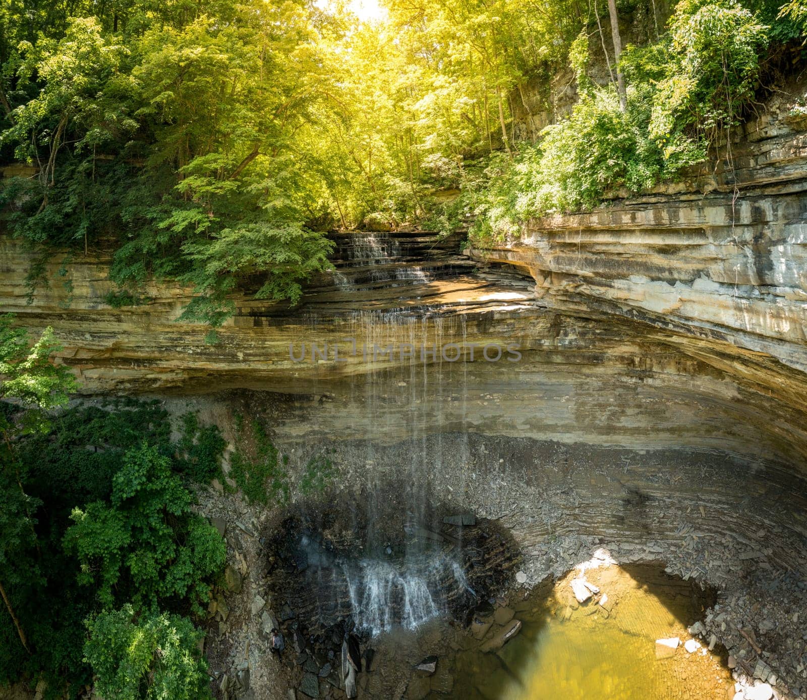 Wide angle panoramic view of Clifty Falls in Clifty Falls State Park in Madison, Indiana