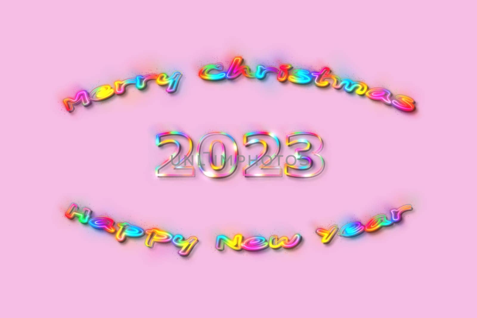 3D illustration New Year concept 2023 design with text glow rainbow design on a pirouette color background.