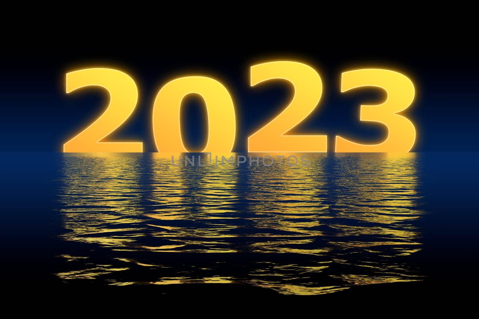 3D illustration concept New Year 2023 design with 2023 and shadows in the water.
