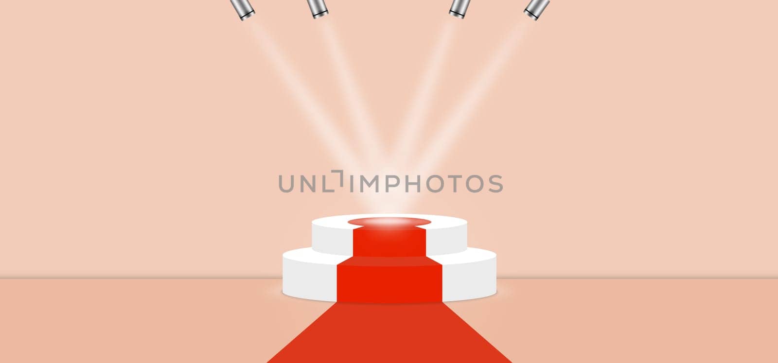 Creme de Peche color abstract with stage podium and lighting display platform, modern studio, wall scene fashion, stage podium scene with for Award Ceremony and colorful presentation simple art spotlight summer banner. 3D rendering.