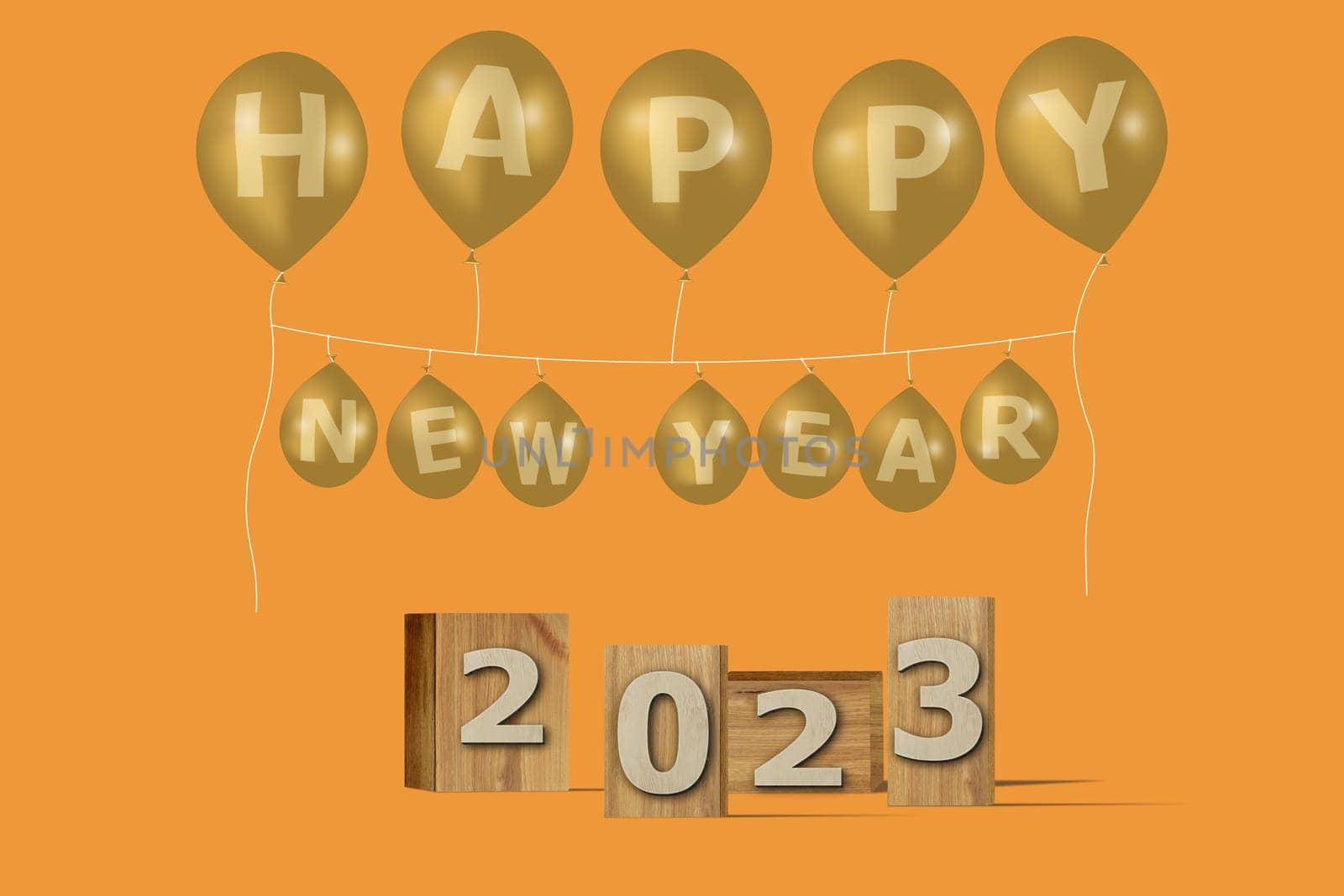 3D illustration New Year concept 2023 design with text on the wooden box and balloons on a marigold color background.