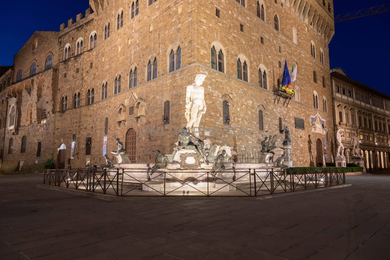 Florence, Italy - Circa June 2021:  architecture illuminated by night, Piazza della Signoria - Signoria Square. Urban scene in exterior - nobody.