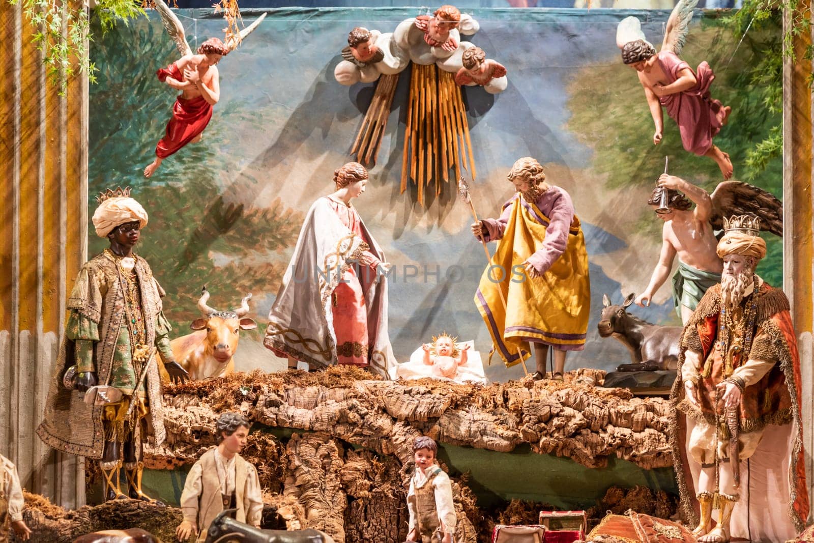 VENARIA REALE, ITALY - Circa January 2022: Italian crib - named presepe - with nativity. Traditional Christmas religious scene.
