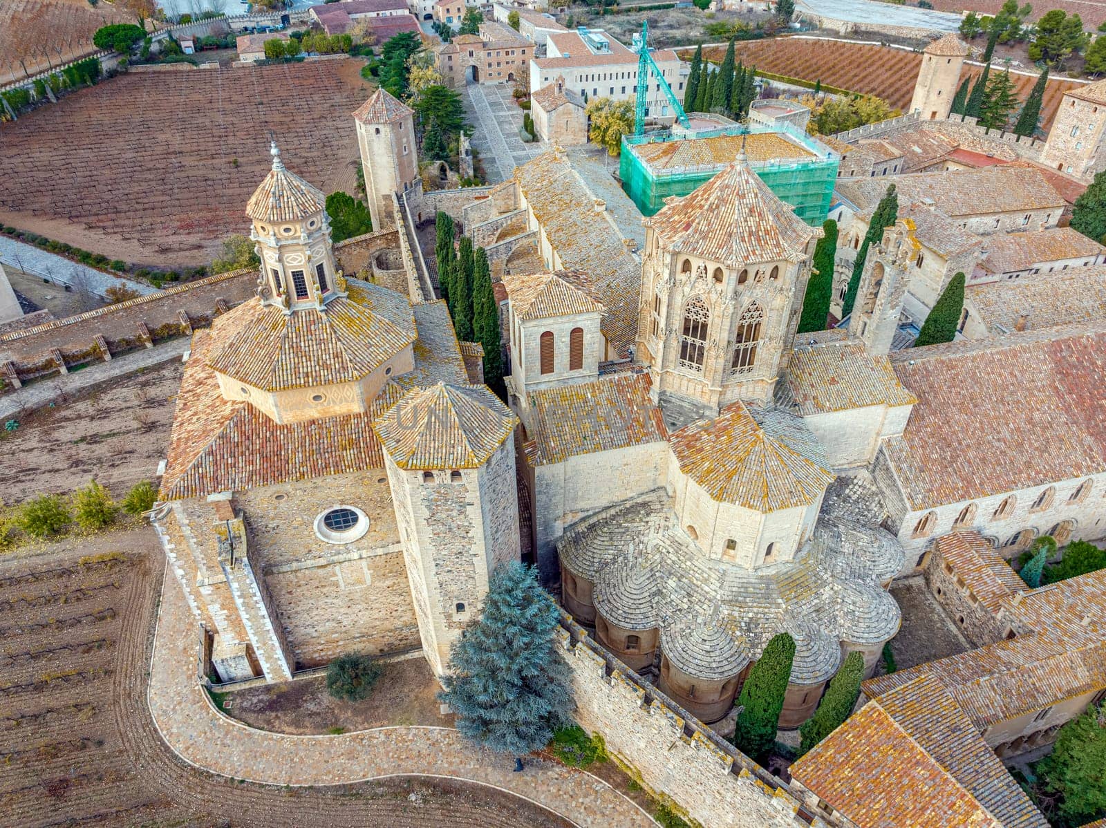 Monastery of Santa Maria de Poblet, Catalonia, Spain, side view detail of the apses and dome