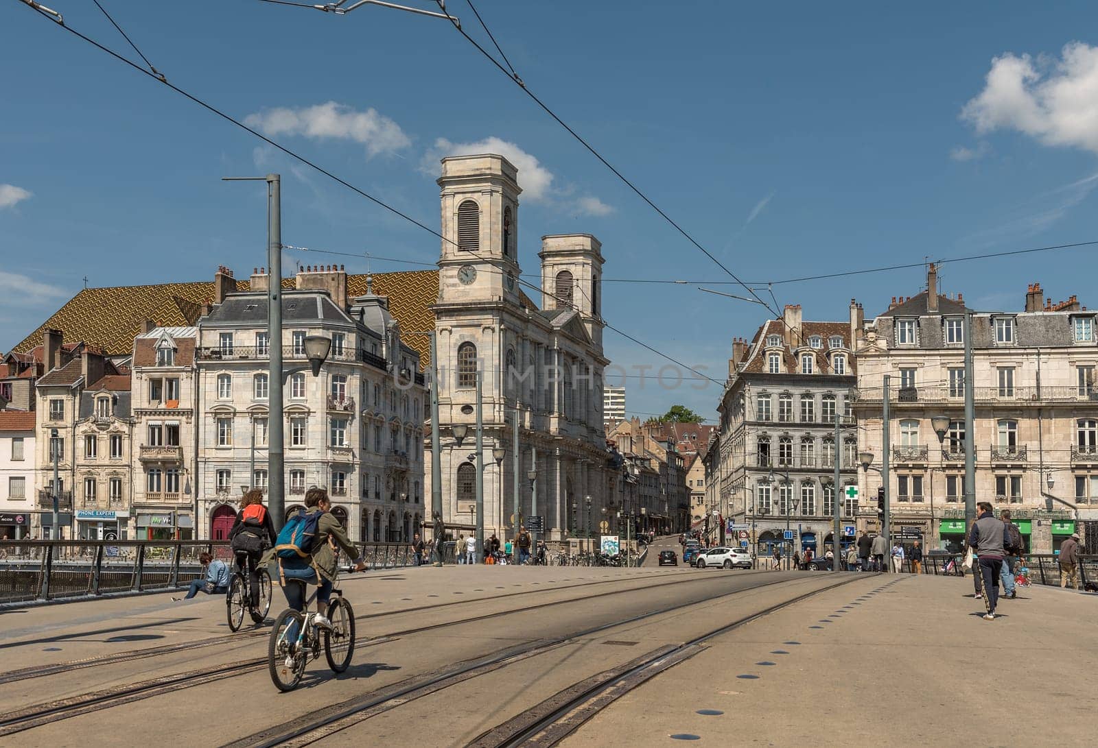 View of unidentified people on a street in Besancon, France