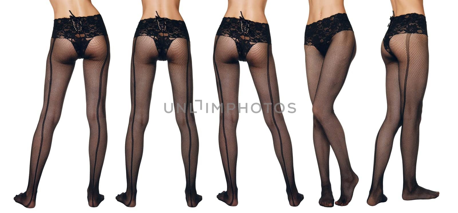 Long slim female legs in black fishnet pantyhose with lacing, composite image