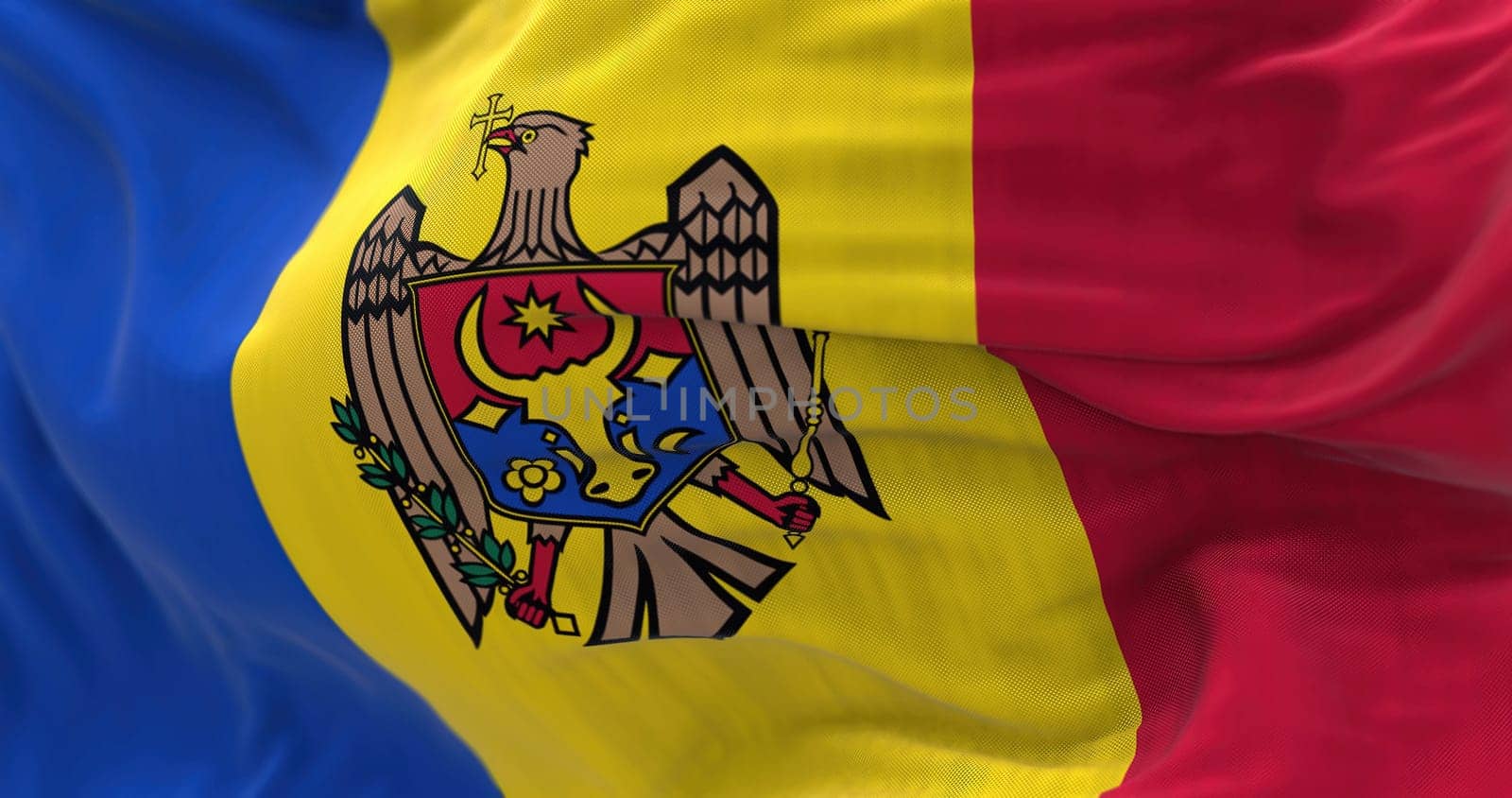 Close-up view of the Moldova national flag waving in the wind. Republic of Moldova is a landlocked country in Eastern Europe. Fabric textured background. Selective focus. 3d illustration