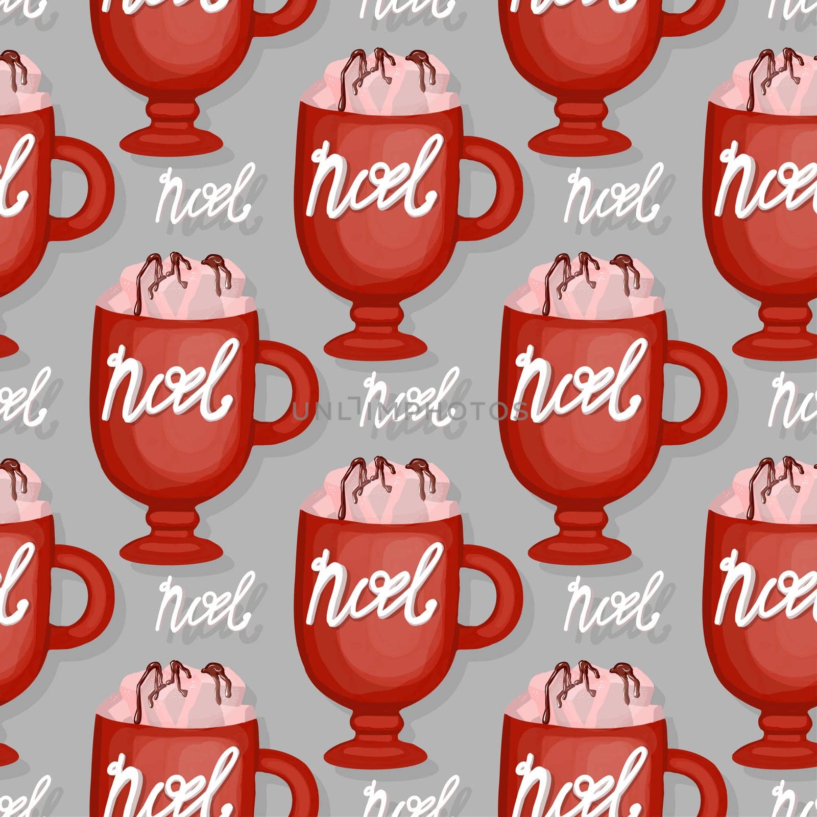 Seamless Christmas pattern. Wrapping paper for coffee bar. Cappuccino or frapuccino pattern. Hand drawn vector illustration. Winter drink with cream and spices.Christmas caramel.