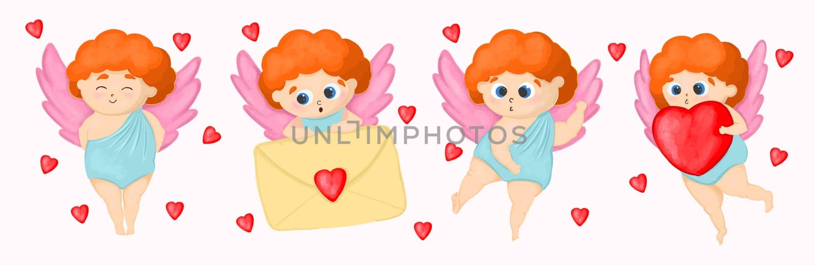 Amur mascot in different poses. Cupid angel. Valentine's Day character. Vector illustration.