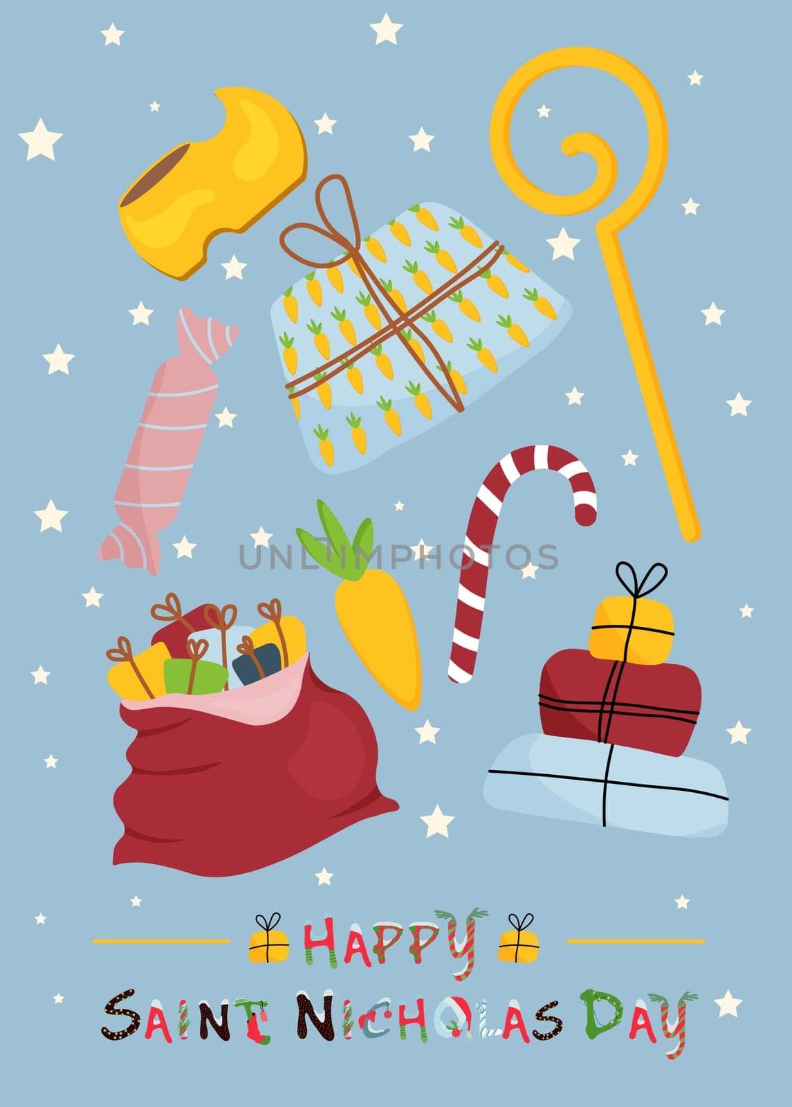 Nicholas elements. Hand drawn vector illustration. St. Nicholas Day postcard.Christmas caramel.