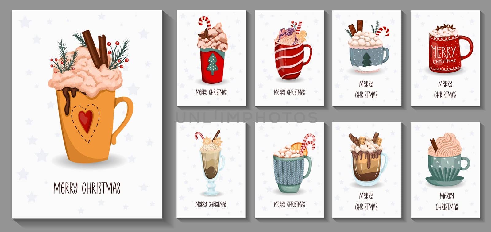 christmas card set with cute winter mugs. Drawn mugs with cocoa and hot chocolate, decorated with cinnamon sticks, cream and Christmas caramel. Cozy winter illustration in vintage style. Hygge style.