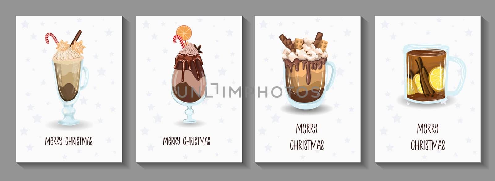 christmas card set with cute winter mugs. Drawn mugs with cocoa and hot chocolate, decorated with cinnamon sticks, cream and Christmas caramel. Cozy winter illustration in vintage style. Hygge style.