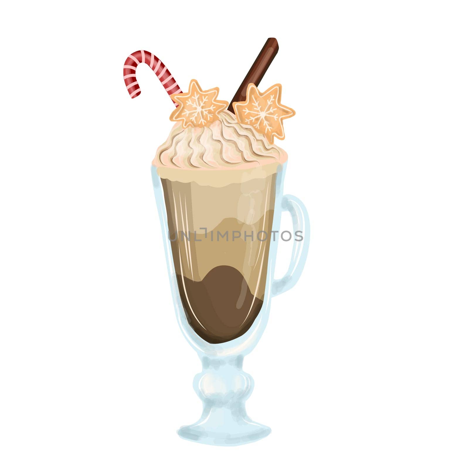 corporate postcard for coffee bar. Cappuccino or Frappuccino in a glass. Hand drawn vector illustration. Winter drink with cream and spices.
