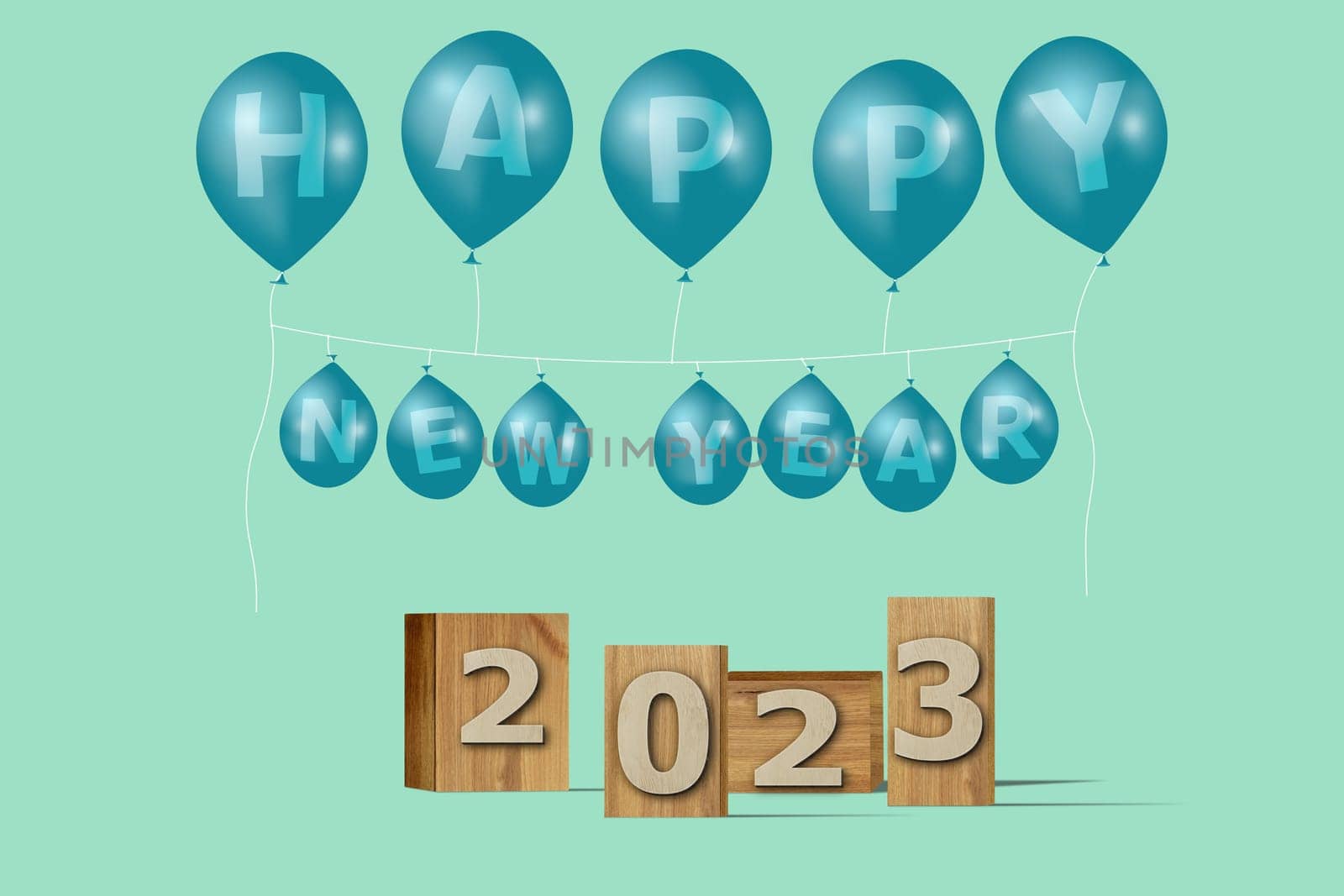 3D illustration New Year concept 2023 design with text on the wooden box and balloons on a beach glass color background.