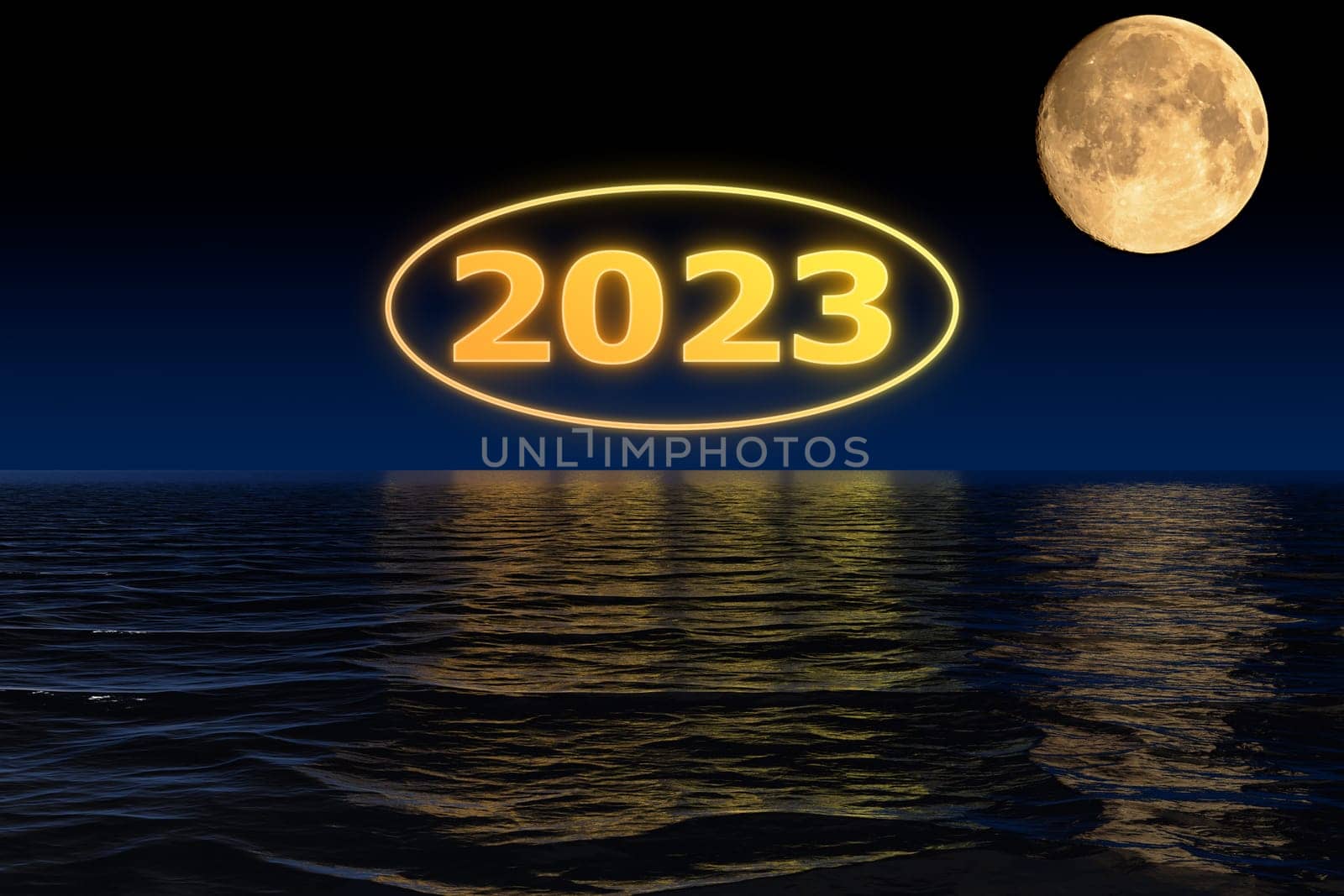 3D illustration concept New Year 2023 design with 2023 on the moon background and shadows in the water.
