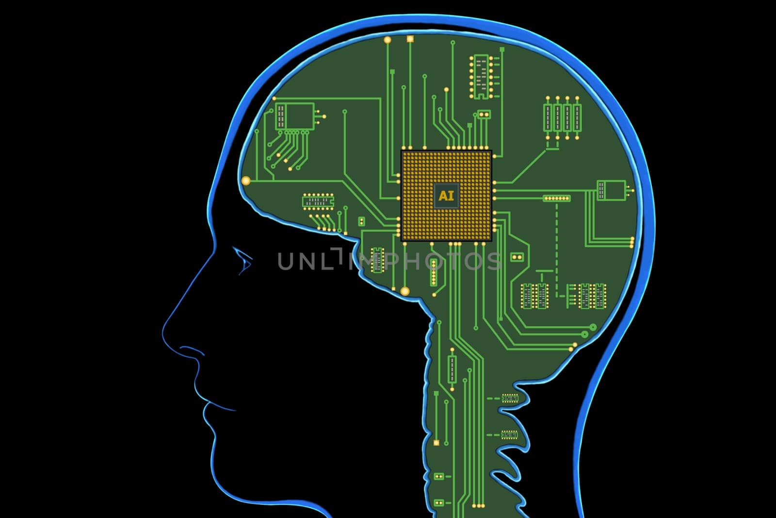 Concept 3d illustration of electronic chip in form of human brain in electronic cyberspace. Artificial intelligence in brain.
