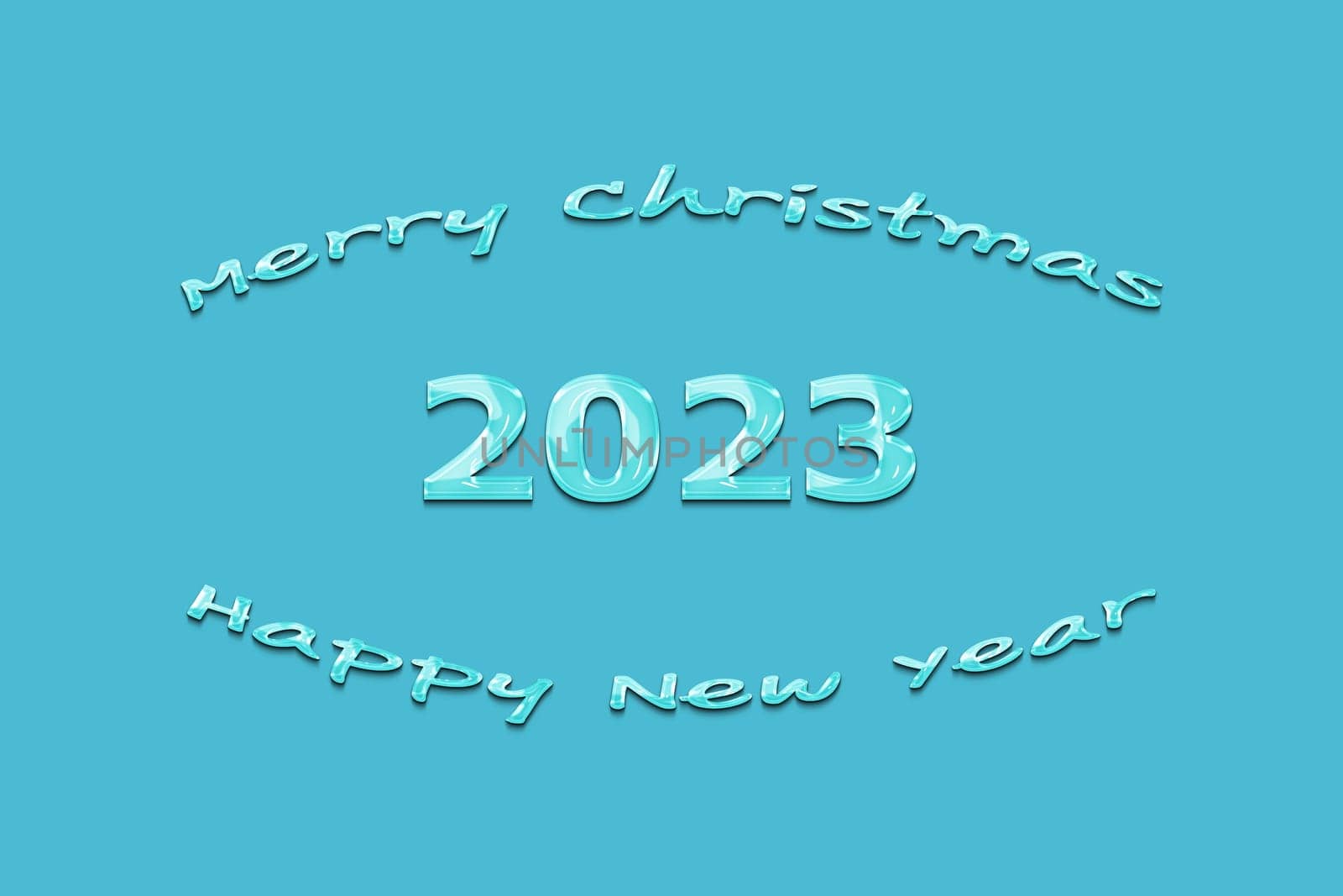 3D illustration New Year concept 2023 design with text gel design on a blue atoll color background.