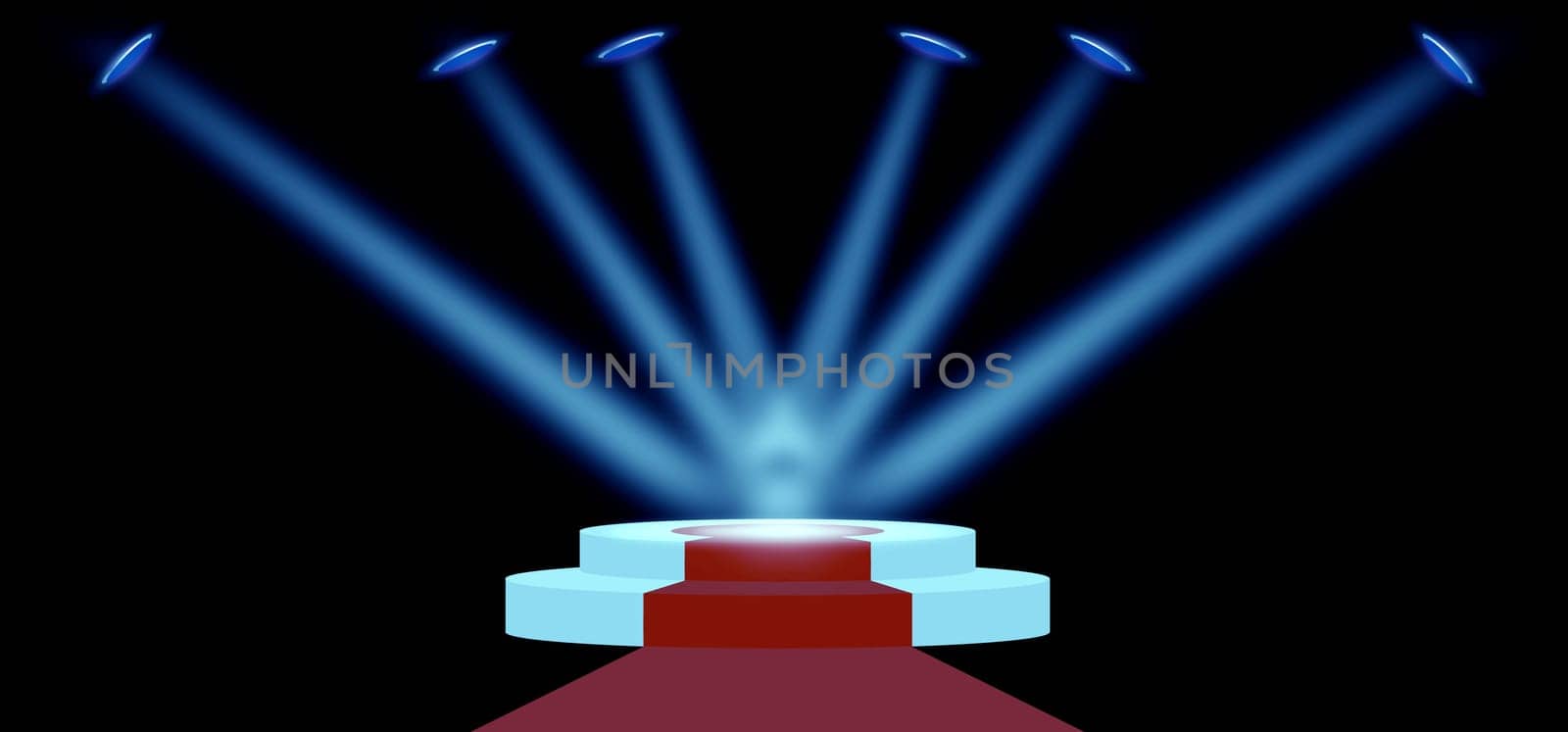 Stage podium and color lighting display platform, modern studio, wall scene fashion, stage podium scene with for Award Ceremony and colorful presentation simple art spotlight summer banner. 3D rendering.