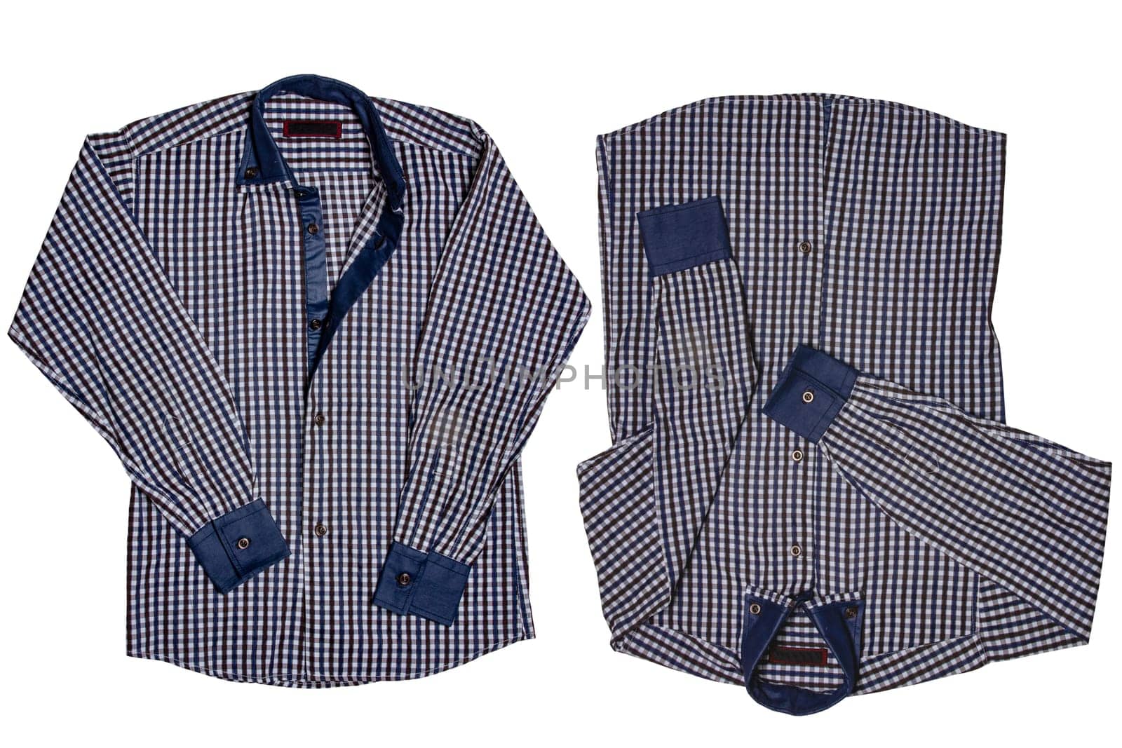 Checked shirts. Close-up of a blue gray and white tartan or plaid shirt for mens isolated on a white background in two views. Summer fashion of mans clothes.