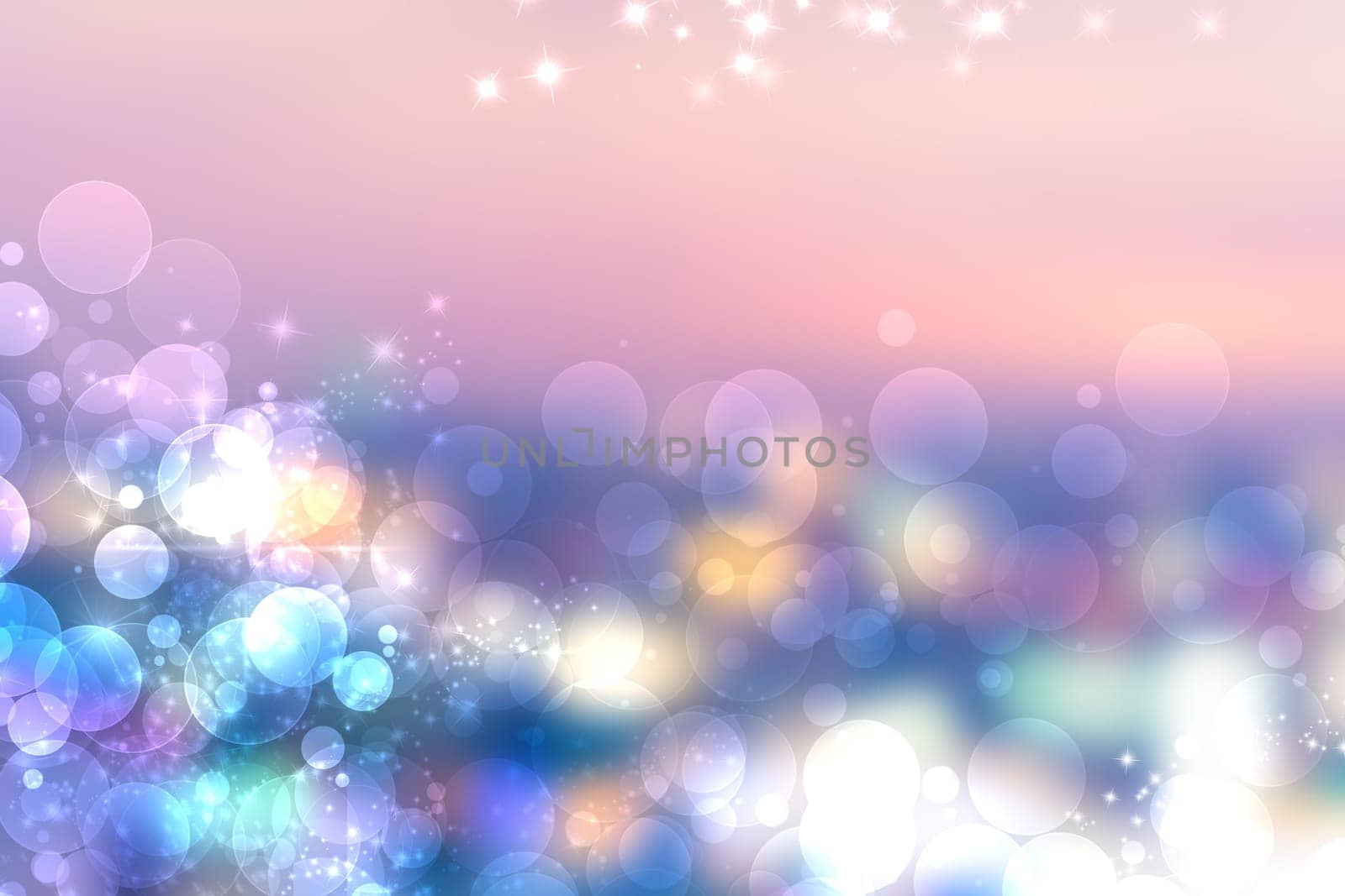 Abstract blurred festive delicate winter christmas or Happy New Year background with shiny light blue pink and white bokeh lighted stars. Space for your design. Card concept.